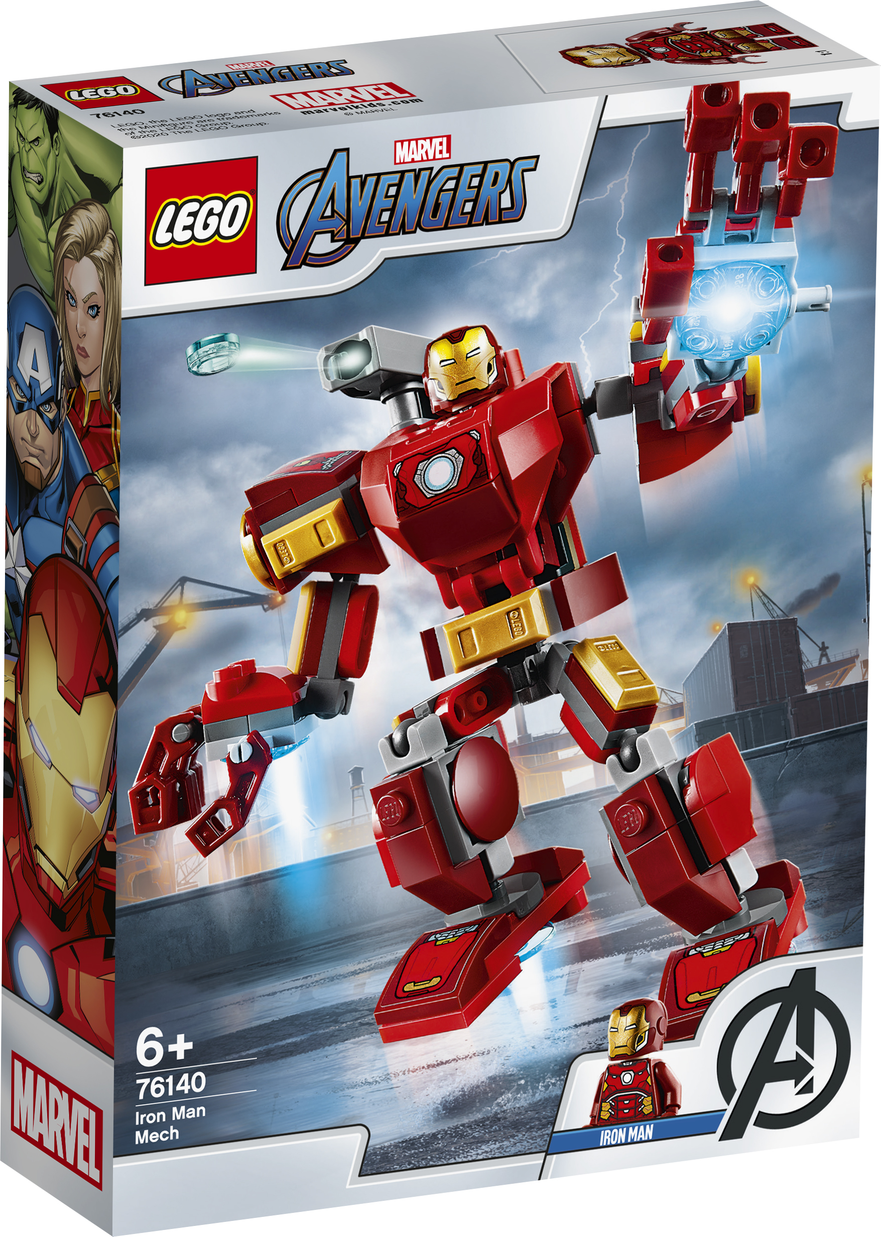Una scatola del set Lego Marvel Avengers Iron Man Mech, con una figura di mech rossa.