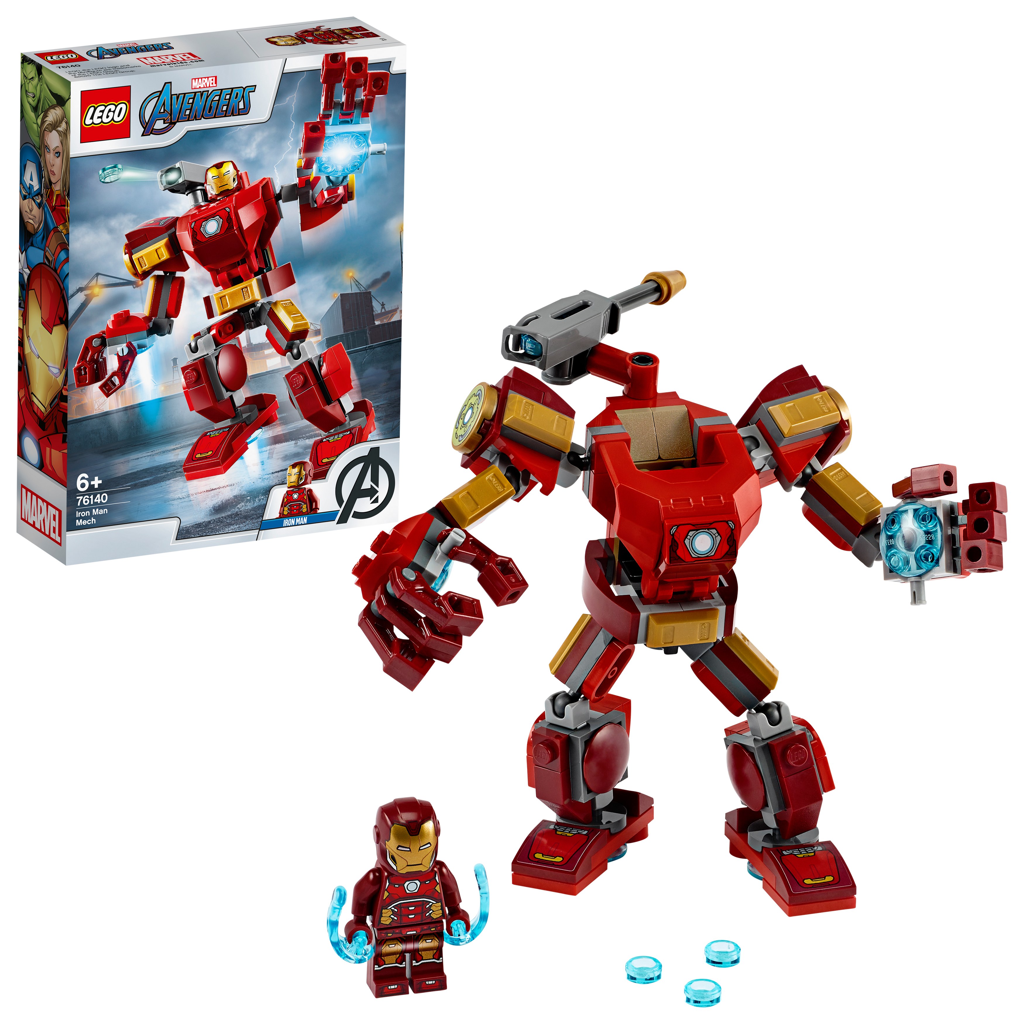 Set Lego Avengers Iron Man Mech con personaggio di Iron Man, mech e accessori, con scatola.