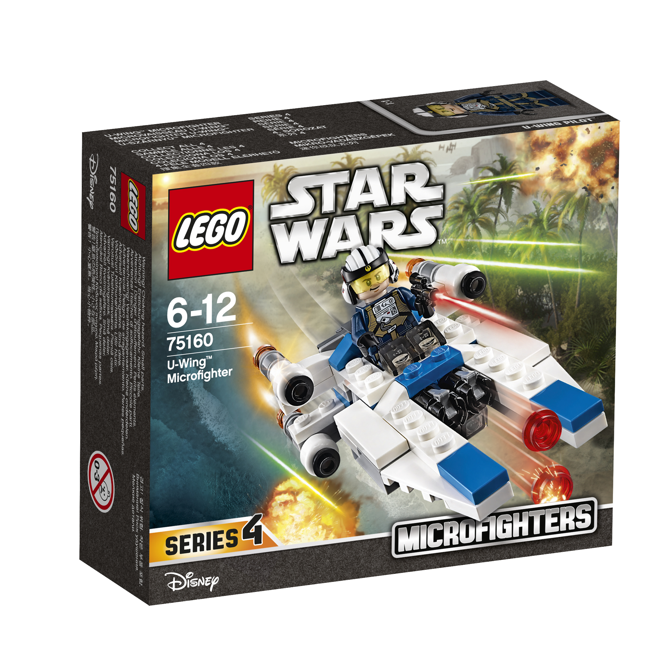 Pudełko Lego Star Wars przedstawiające U-Wing Microfighter, z pilotem i efektami laserowymi, na tle gwiezdnym.