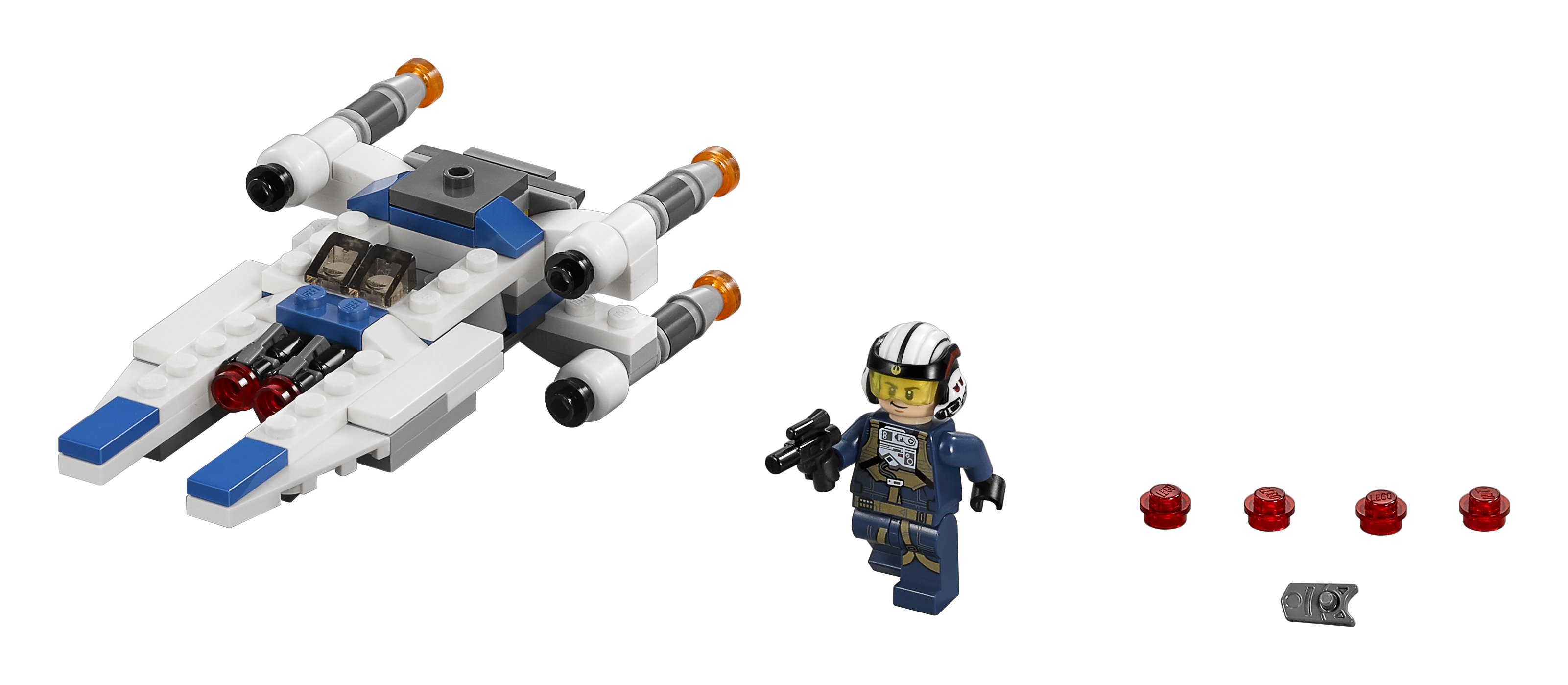 Model myśliwca Lego X-wing z figurką pilota i akcesoriami. Zawiera czerwone i szare detale. Na białym tle.