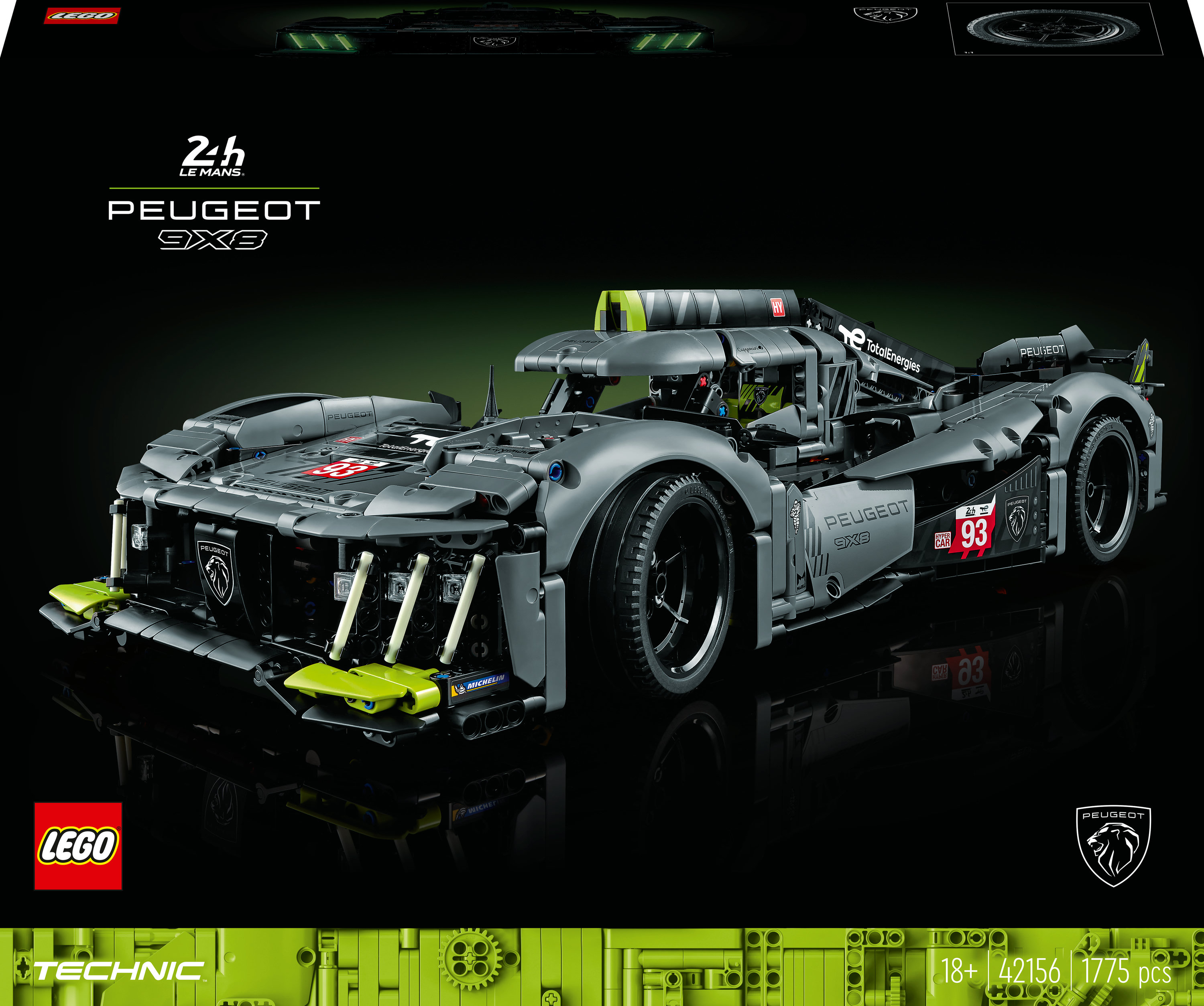 Pudełko zestawu Lego Technic Peugeot 9X8 z modelem samochodu z zielonymi i szarymi detalami.
