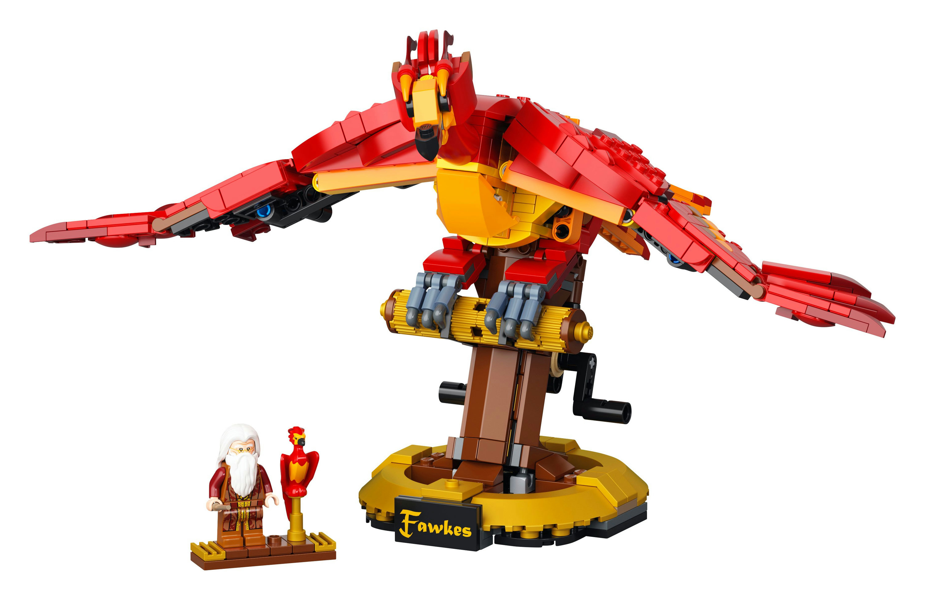 Un modello Lego di una fenice rossa e gialla su un supporto con un mago.