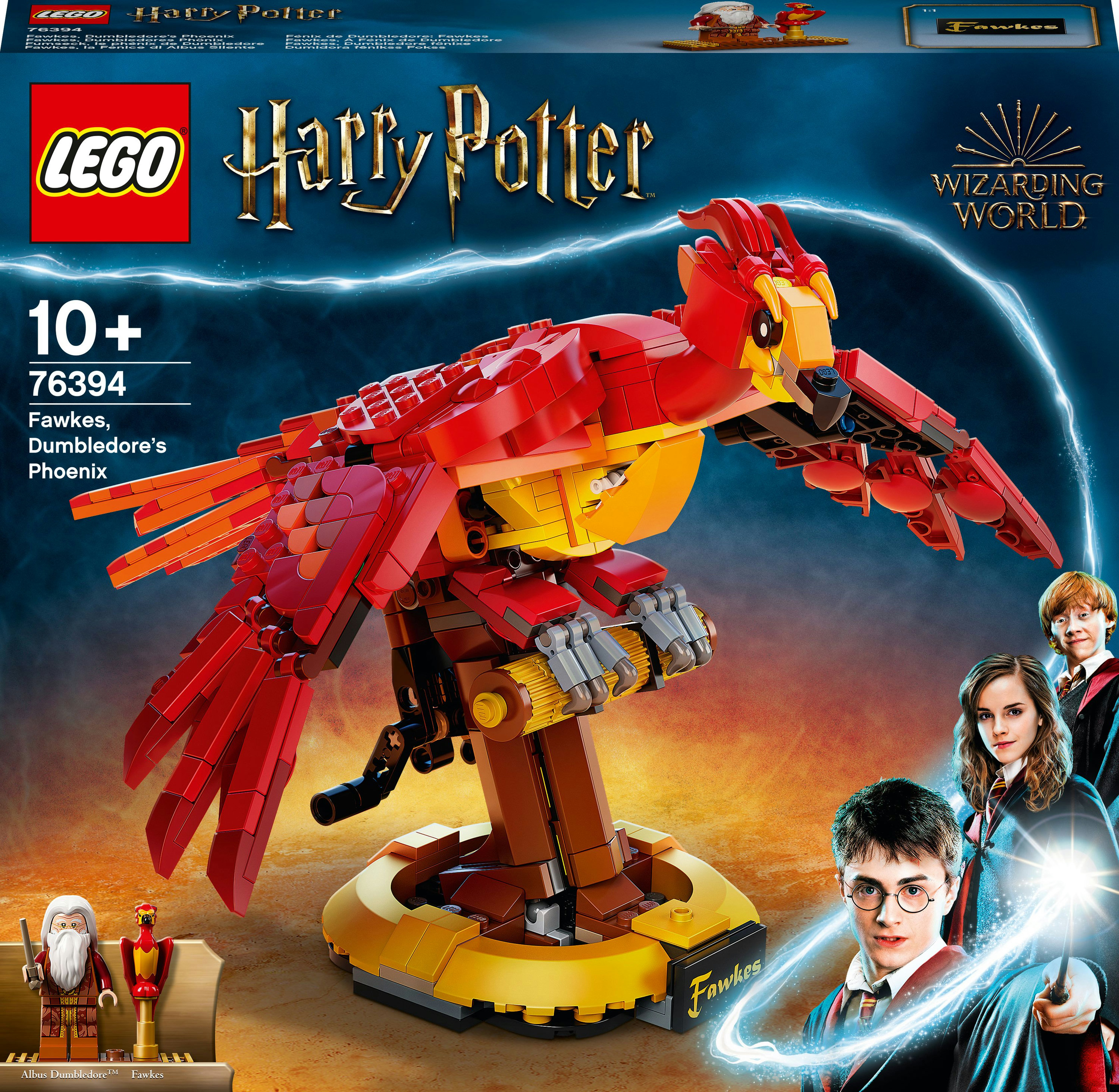 Set LEGO Harry Potter con Fawkes, la fenice di Silente, con personaggi visibili.