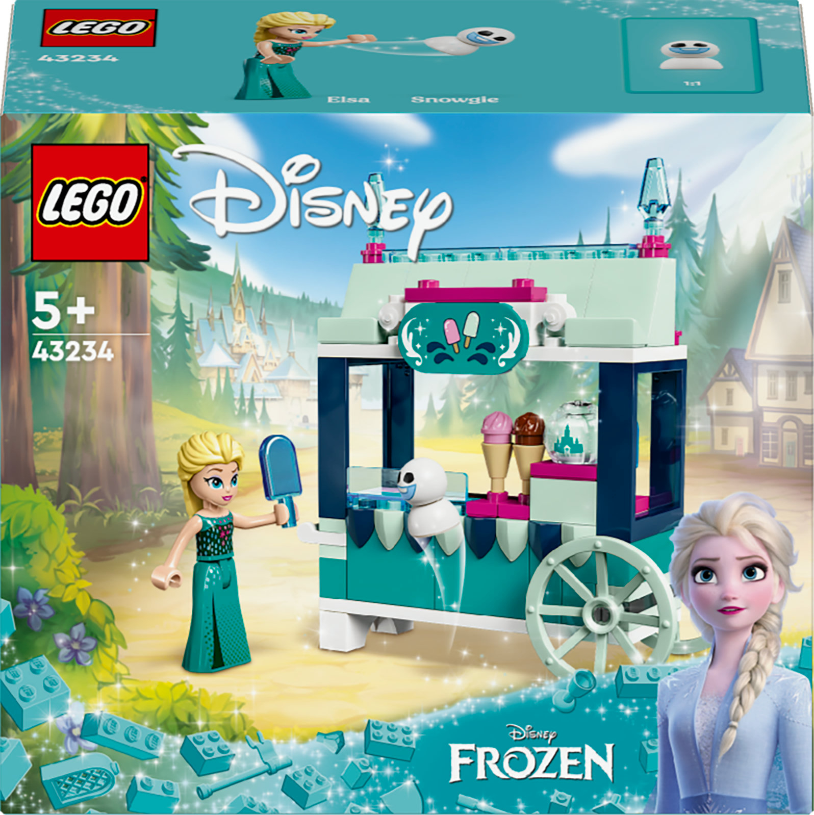 LEGO Disney-Set mit Elsa und einem Schneekegelwagen. Enthält Figuren von Elsa, einem Schneemann und Zubehör.
