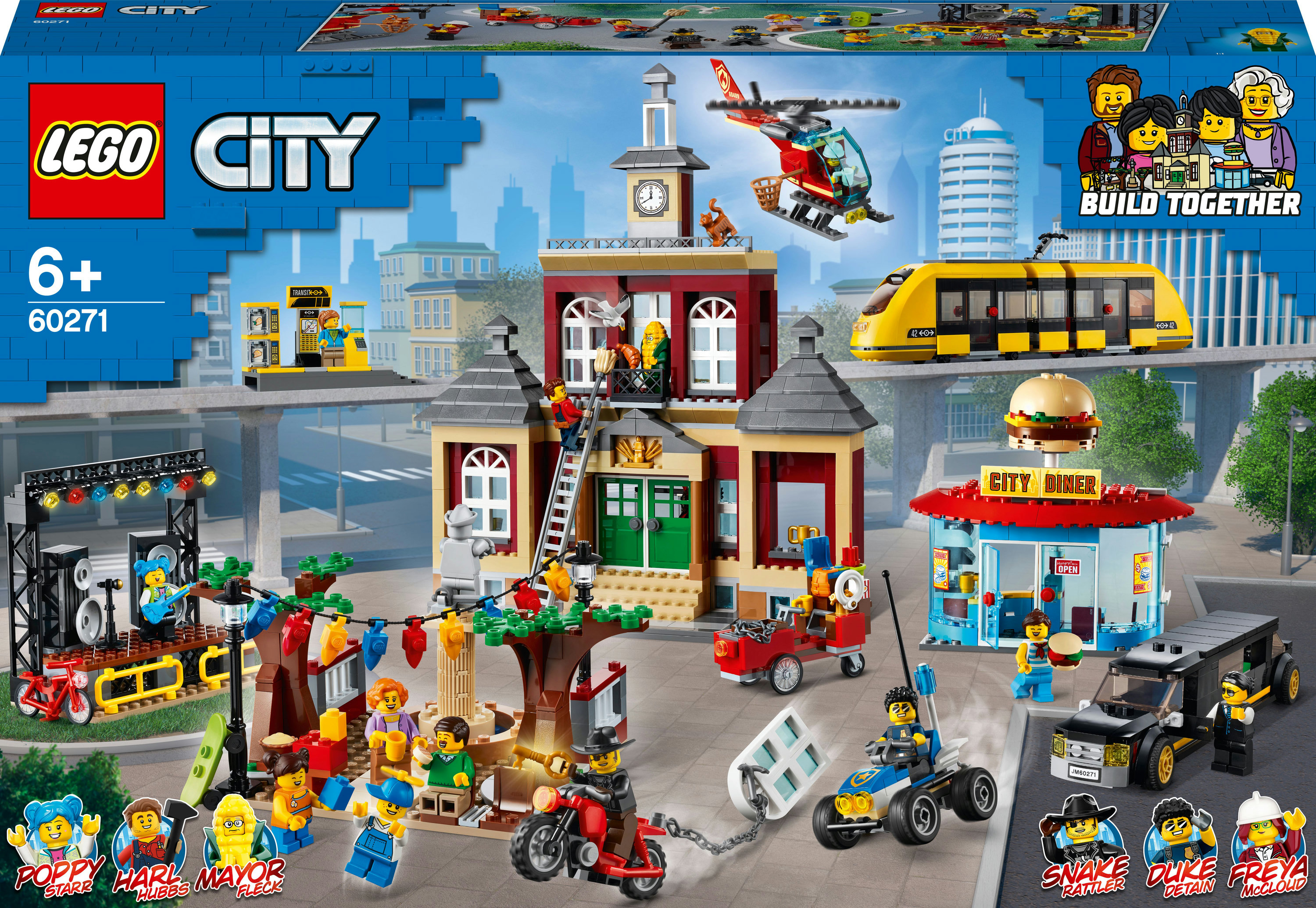 Zestaw Lego City z ratuszem, pociągiem, helikopterem, restauracją i różnymi figurkami z pudełkiem.