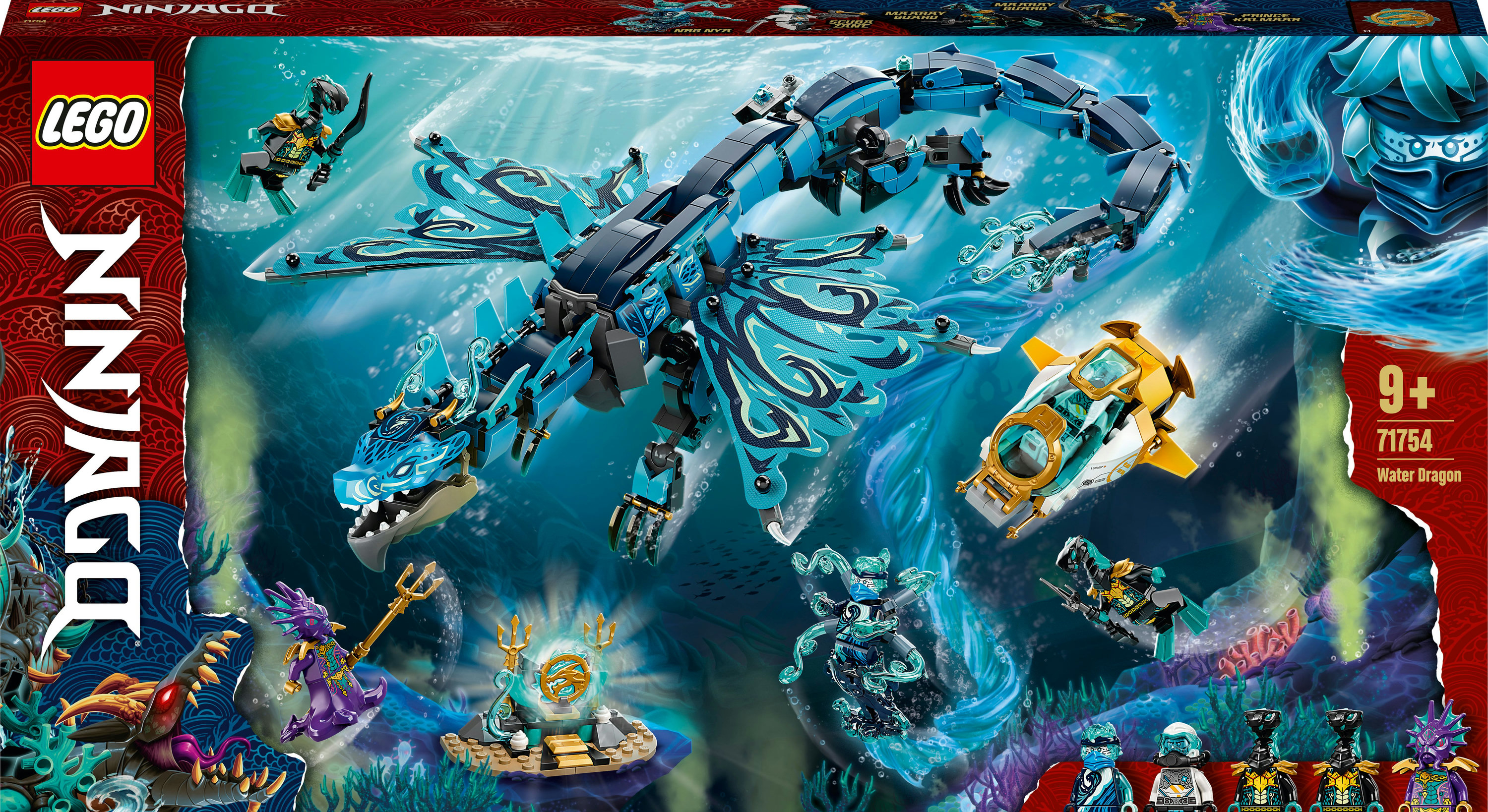 Artwork della scatola LEGO Ninjago Water Dragon. Presenta un drago blu, personaggi e uno sfondo acquatico.