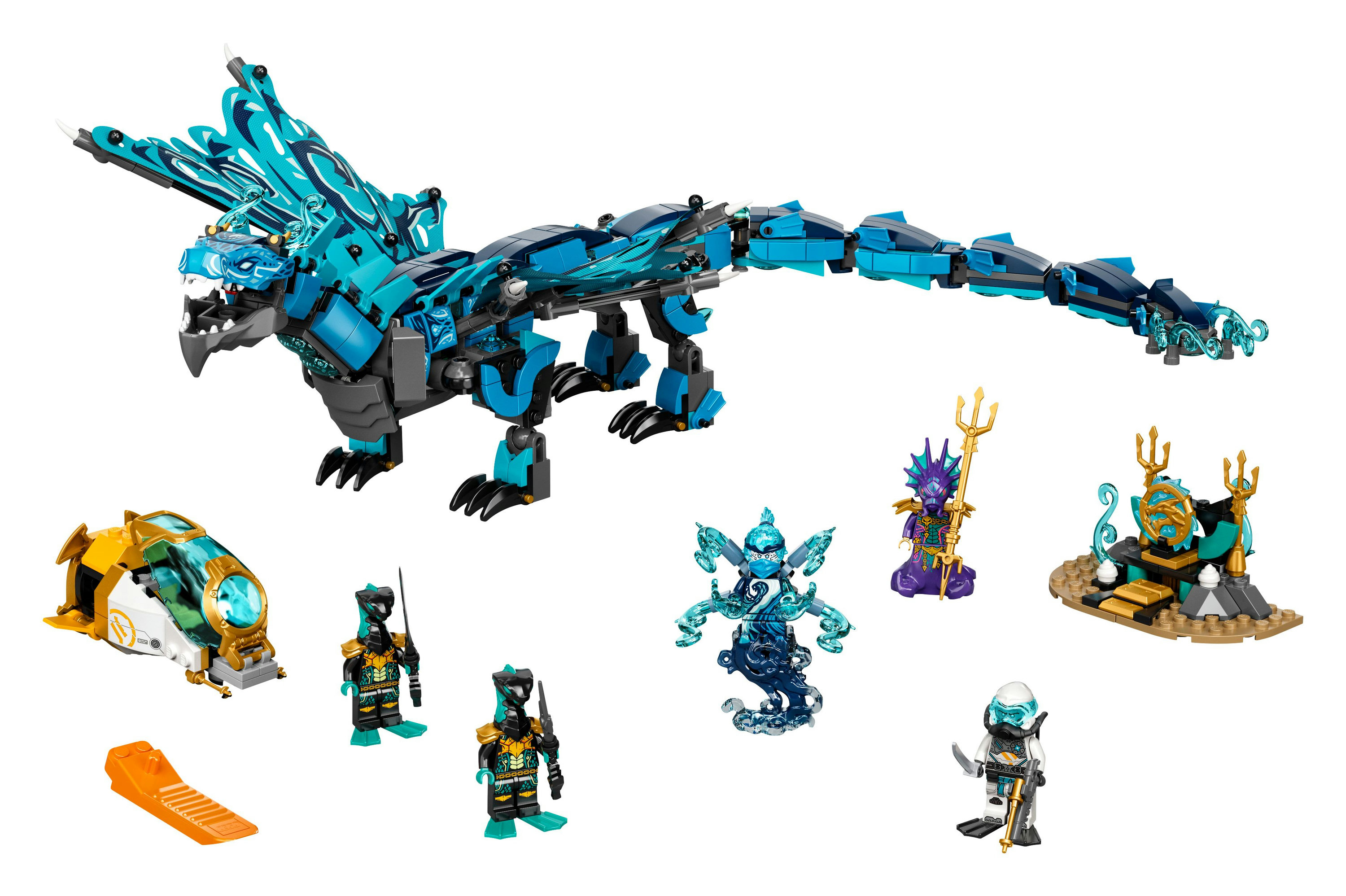Un drago e figure Lego Ninjago. Il drago è blu, e le figure sono ninja e creature acquatiche.