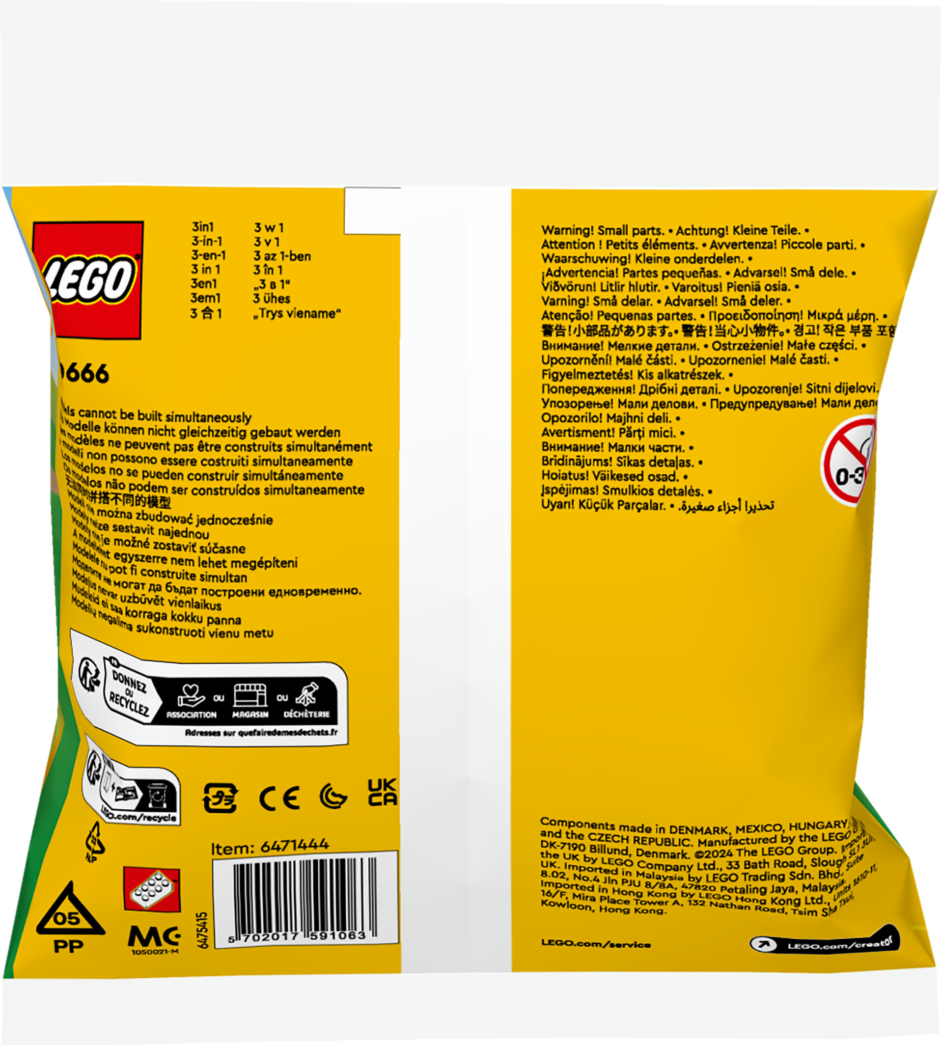 İçinde metin ve logolar bulunan bir Lego çantası, içindekilerin kısmi bir görünümü ile.