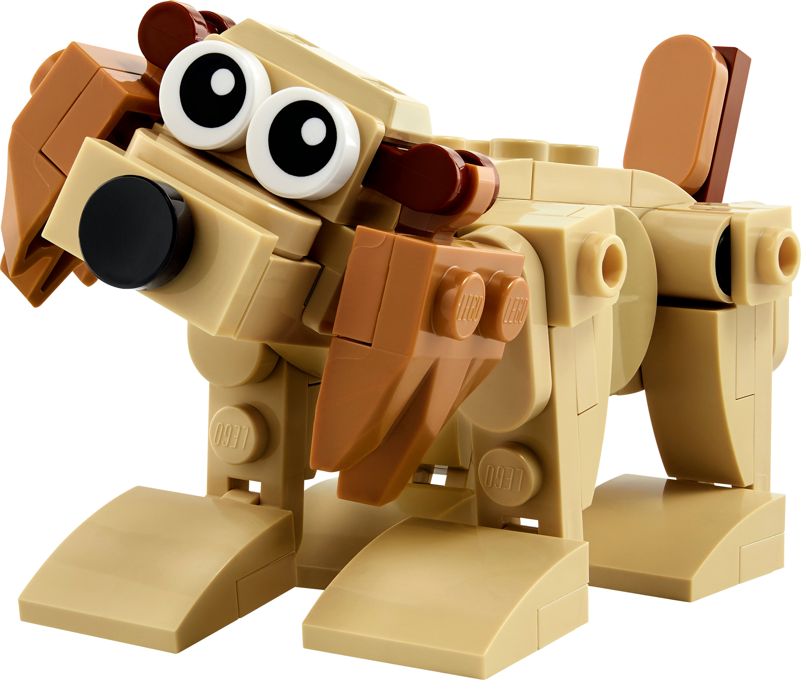 Siyah gözlü ve burunlu, çeşitli bej ve kahverengi tuğlalarla yapılmış bir Lego köpeği.