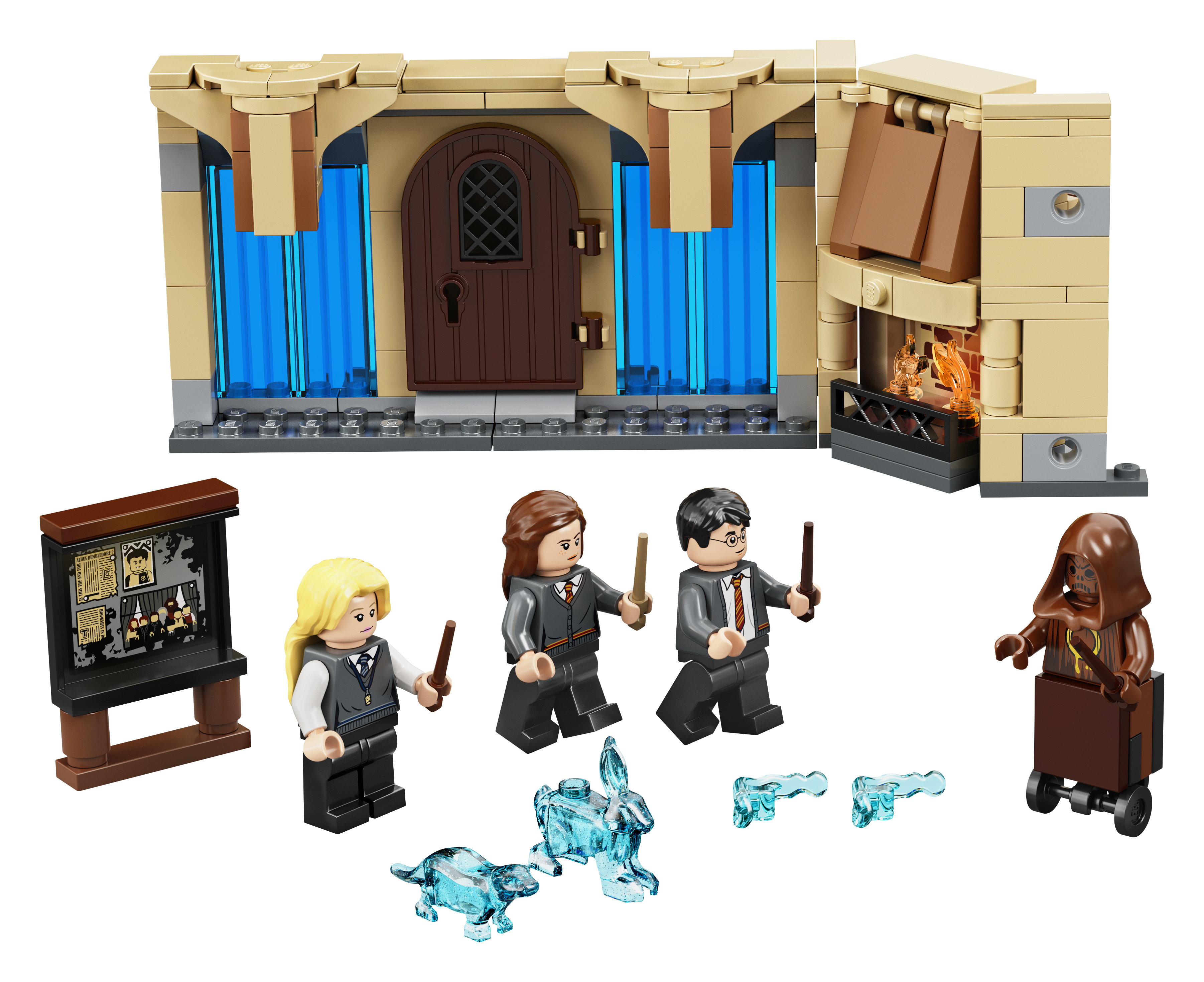 Scena Lego Harry Potter con personaggi, interno edificio ed effetti magici.