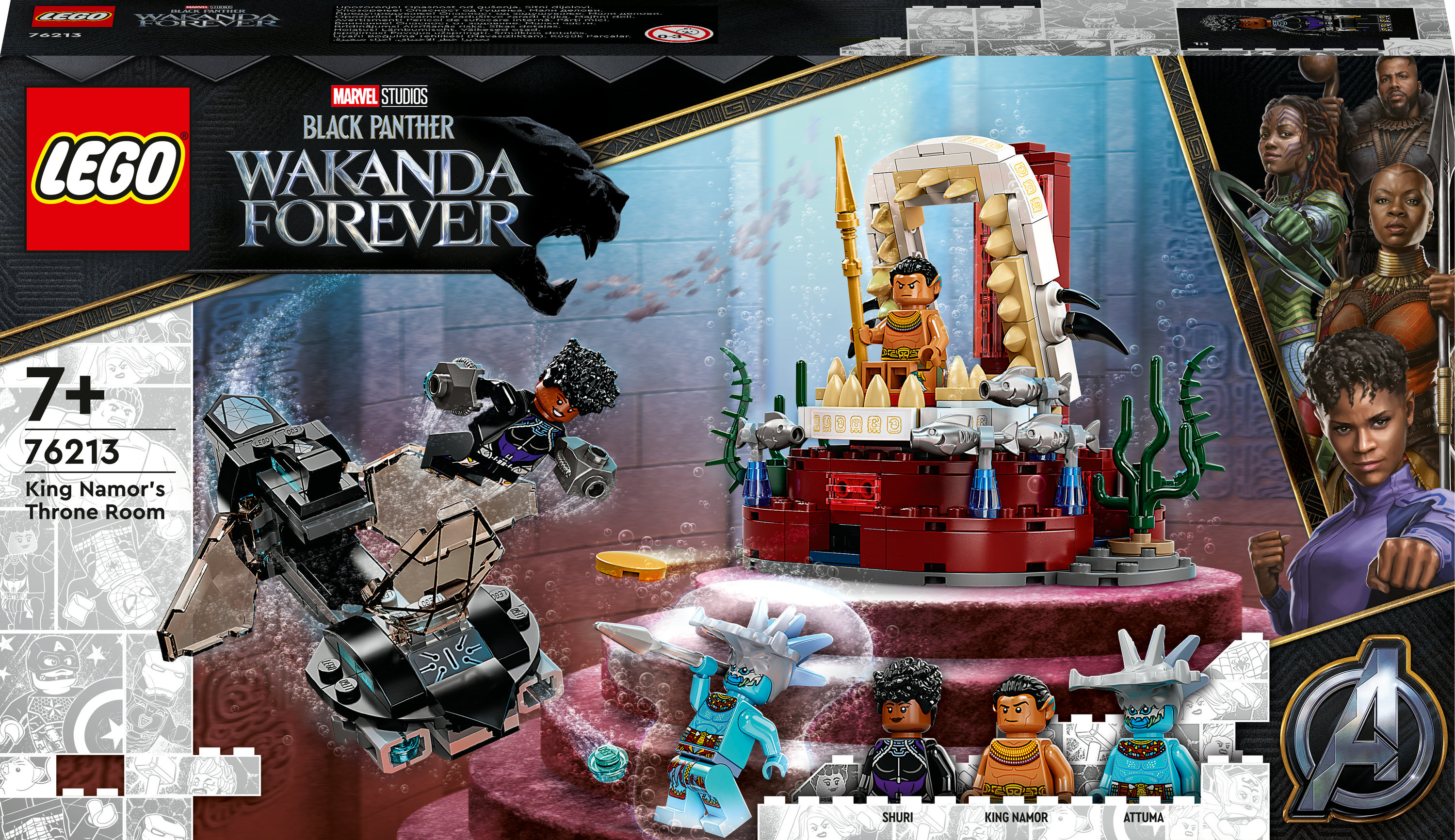 Set Lego Black Panther. Sala del trono di Re Namor con personaggi. Scatola Wakanda Forever. Scena subacquea.