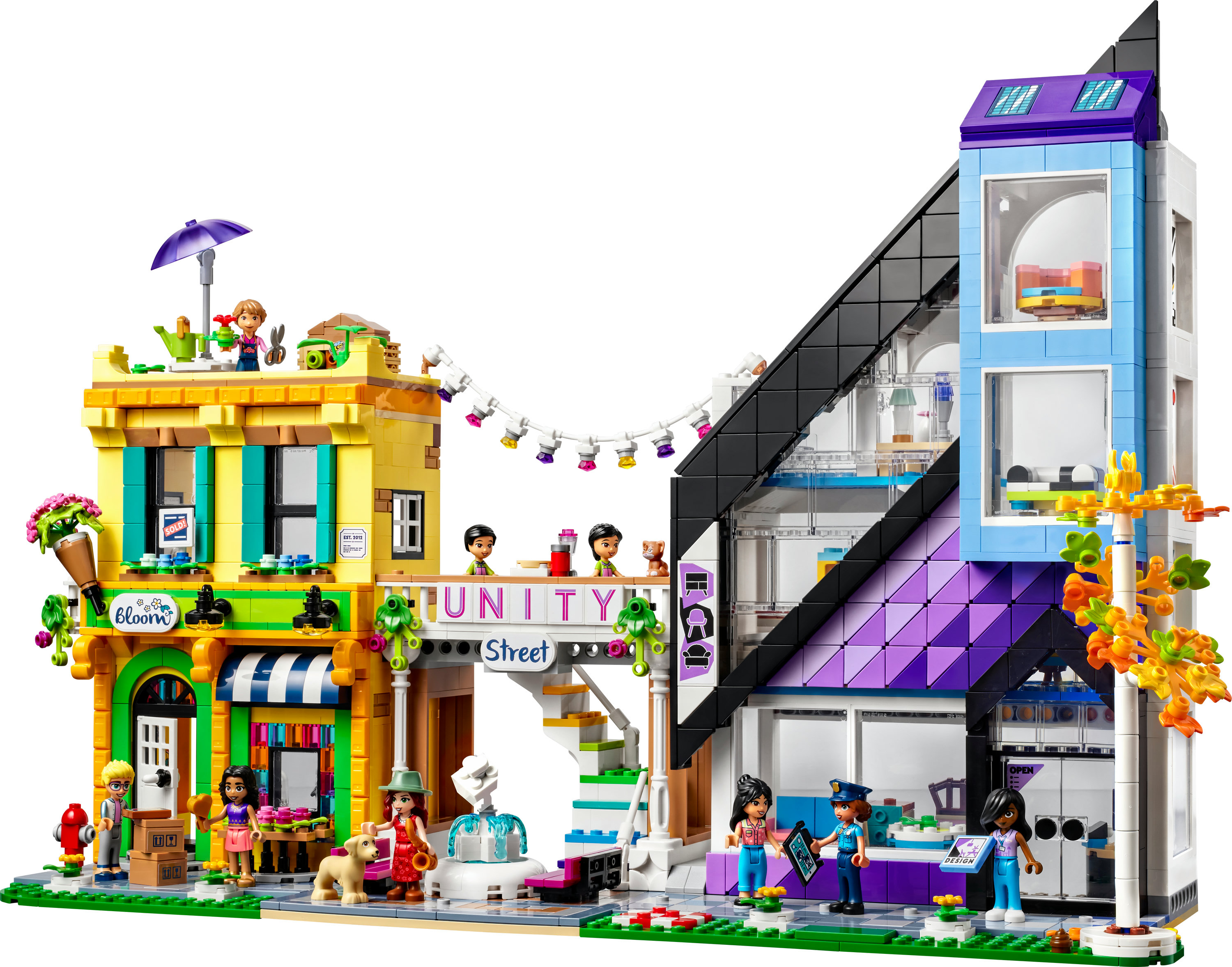 Un set de Lego Friends que muestra una calle con tiendas, personajes y varios elementos de construcción.