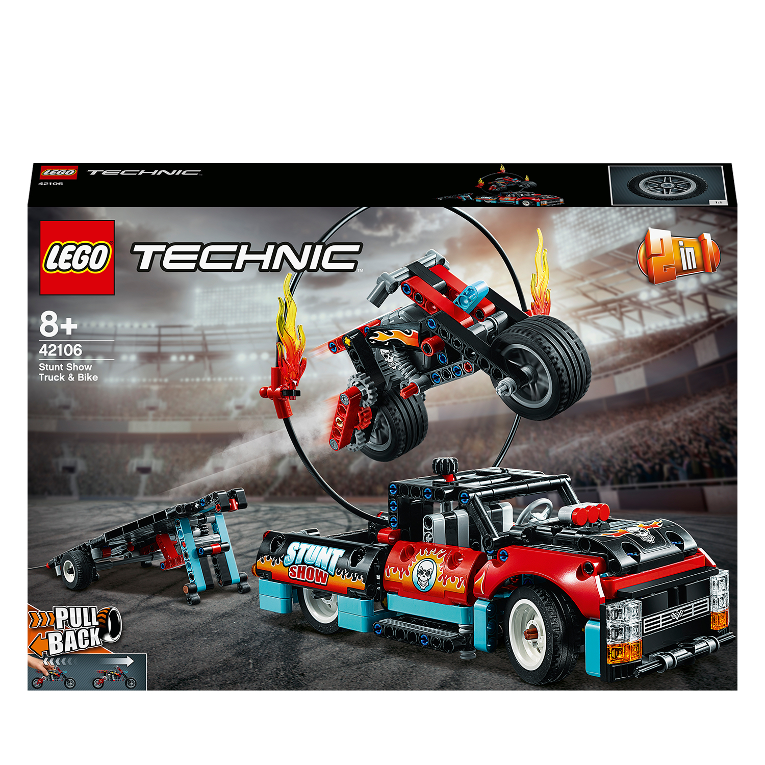Eine Lego Technic Box zeigt einen Stunt-Truck und Motorrad-Set mit Flammen vor einem Stadion.