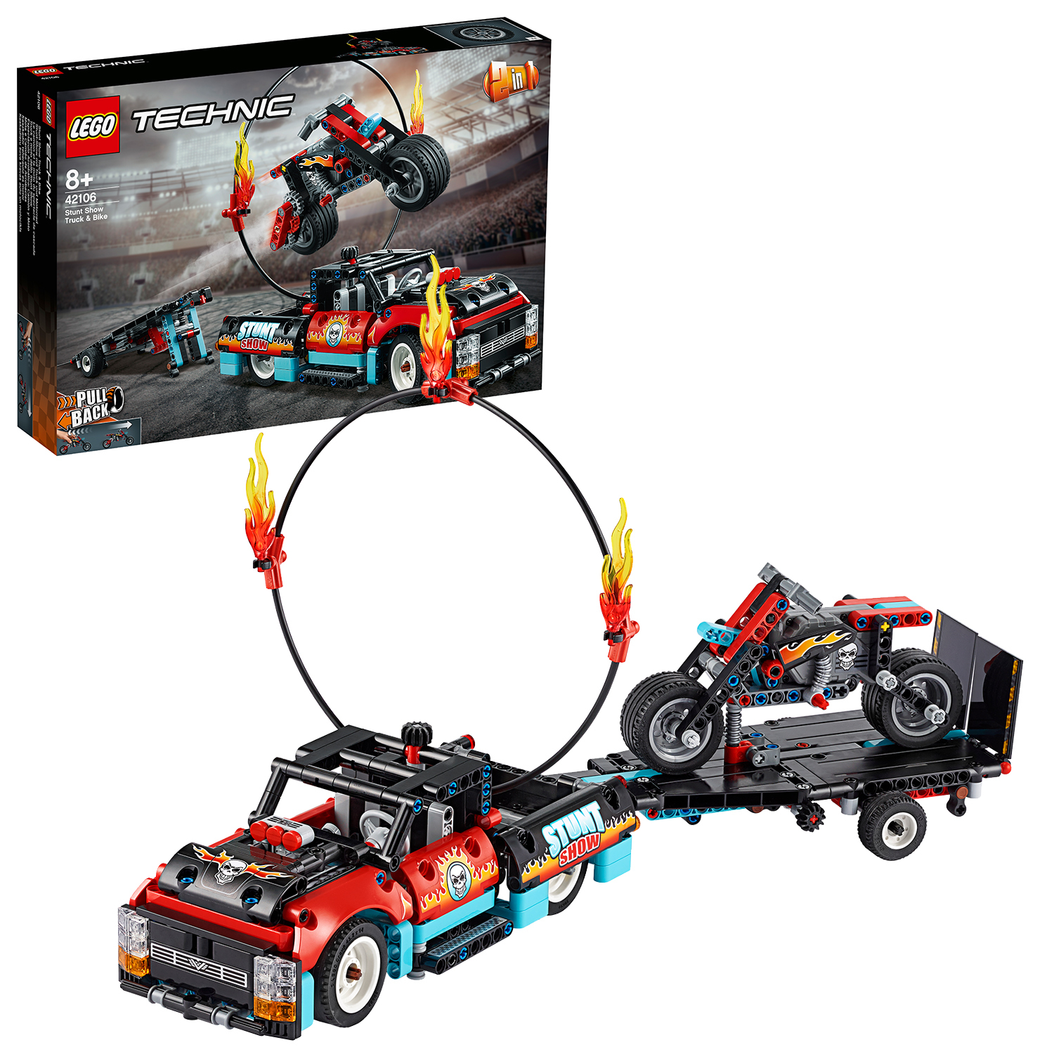 Lego Technic Set eines Stunt-Trucks mit Loop und Motorrad. Enthält auch Box-Art.