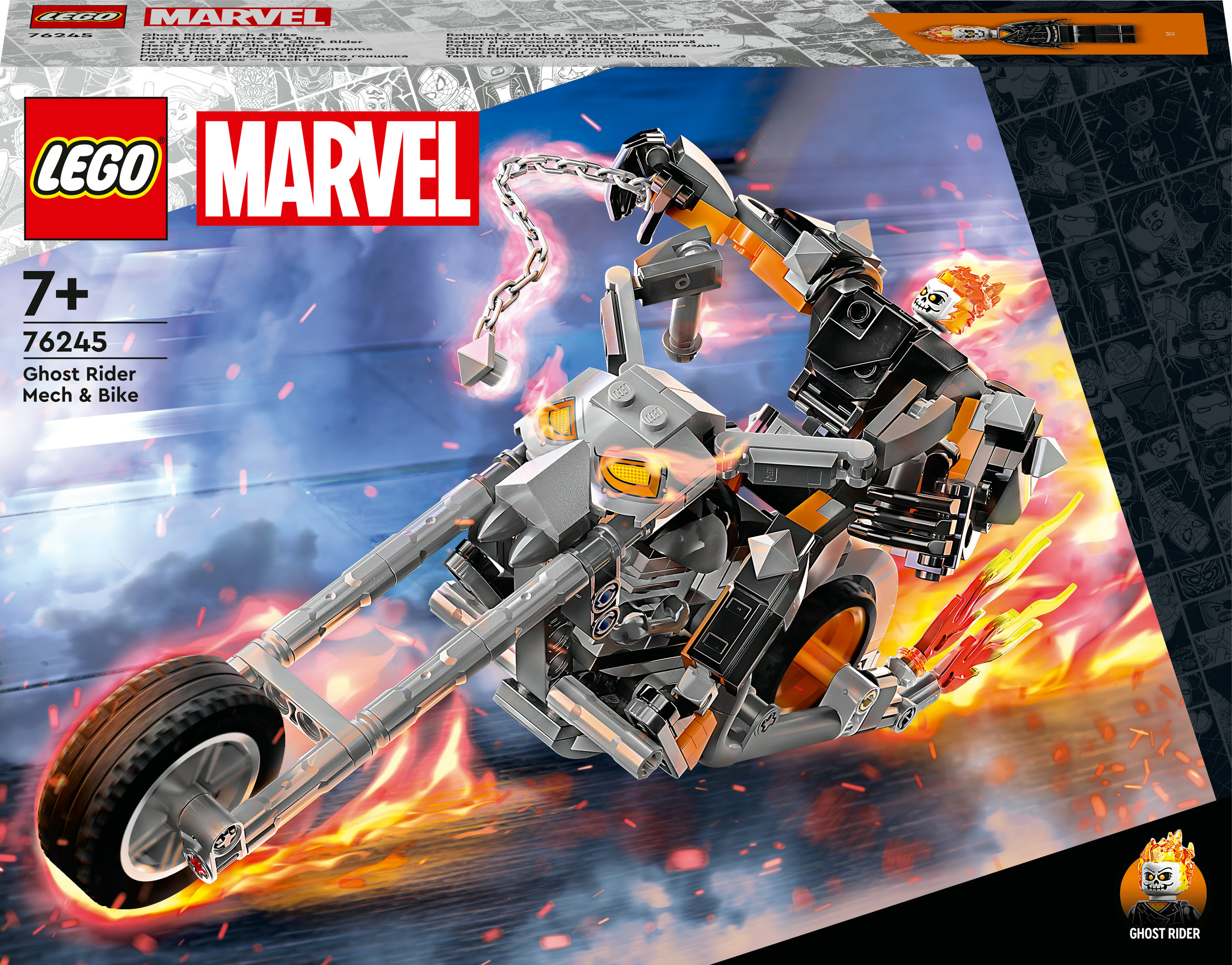 Een Lego Marvel Ghost Rider Mech & Bike set op een doos met vuur en Ghost Rider-afbeelding.
