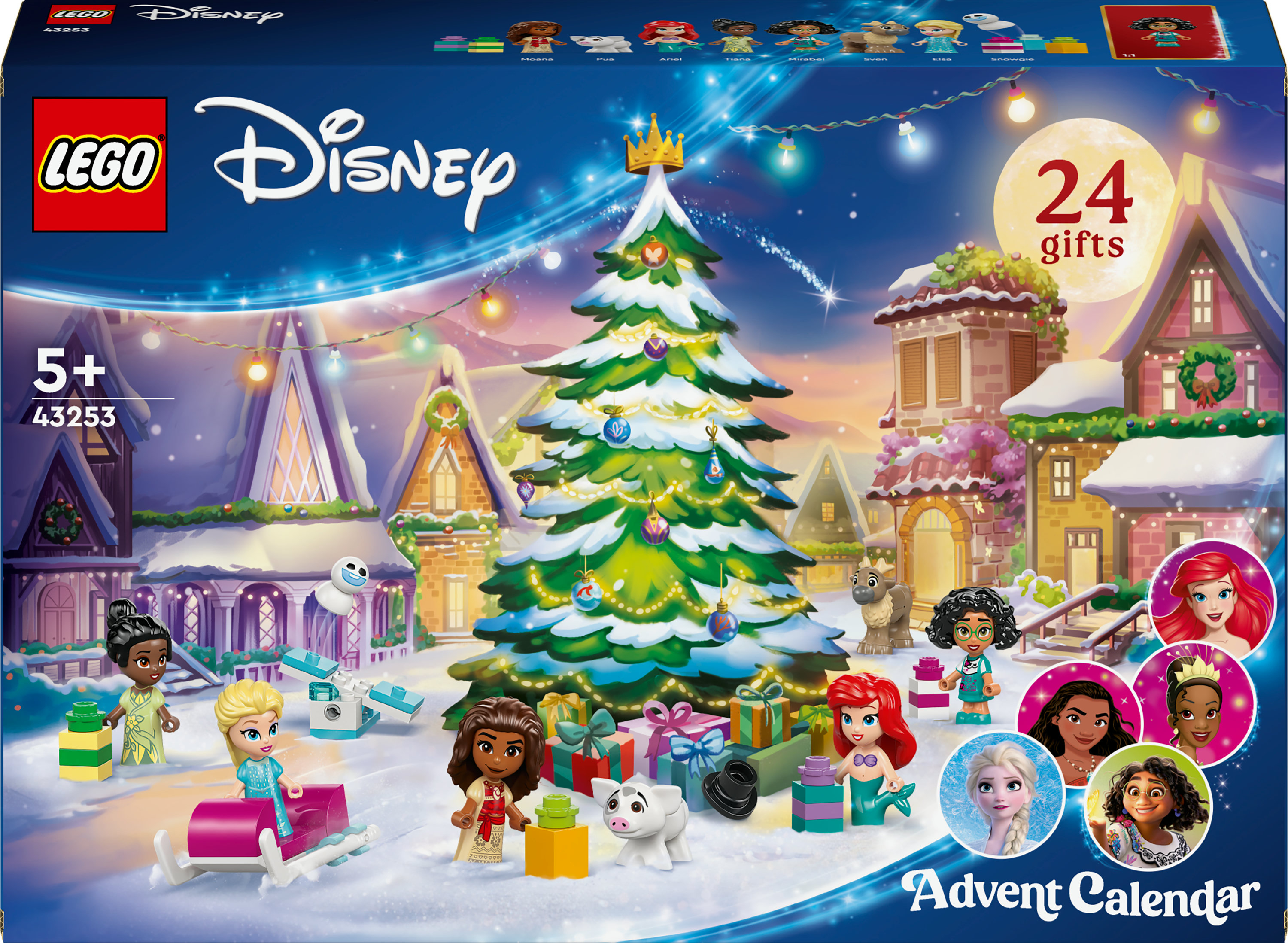 Caja del Calendario de Adviento Lego Disney con princesas Disney y un árbol de Navidad.