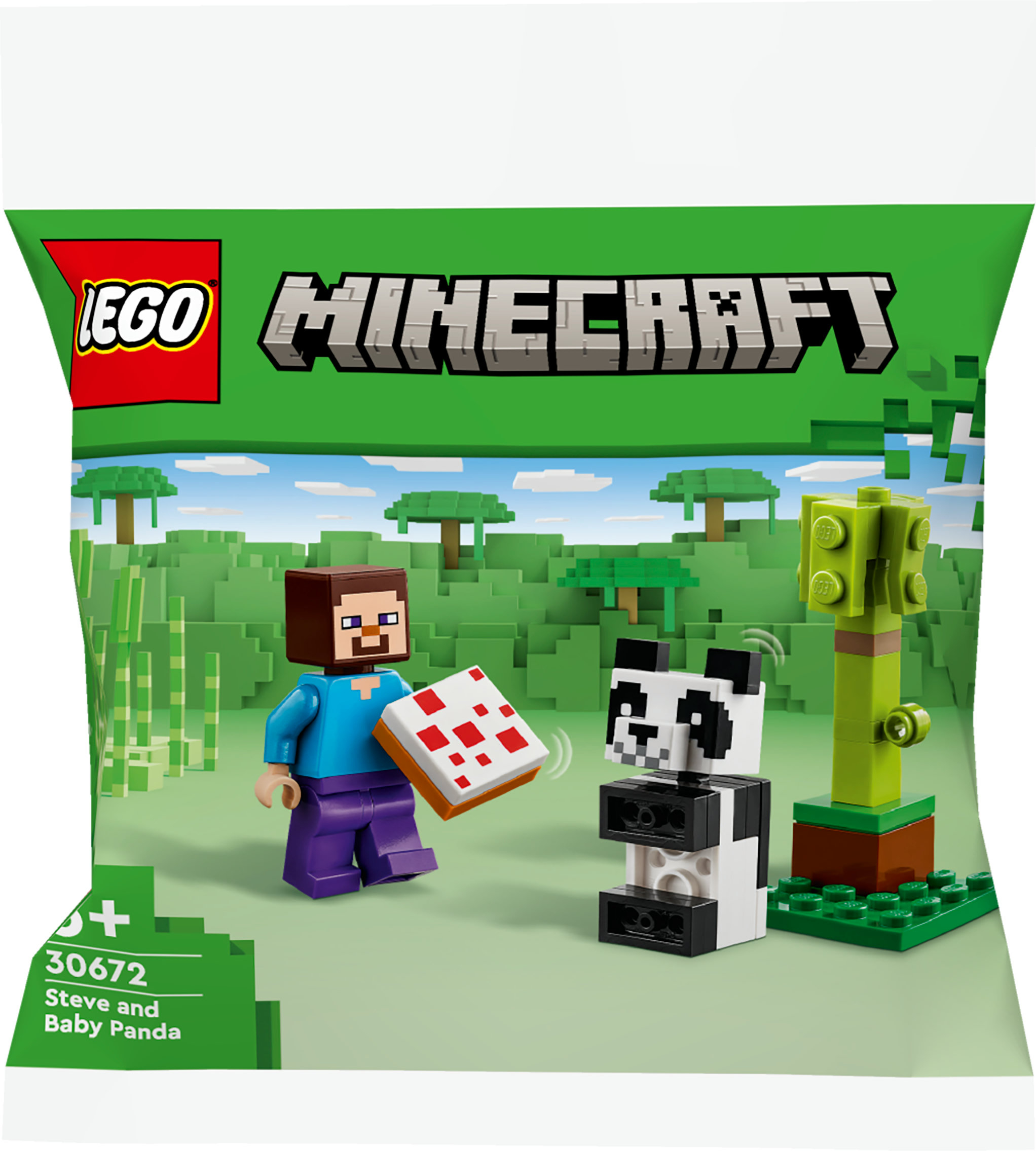 LEGO Minecraft Steve e Baby Panda. Steve tiene in mano una torta e un albero è vicino.