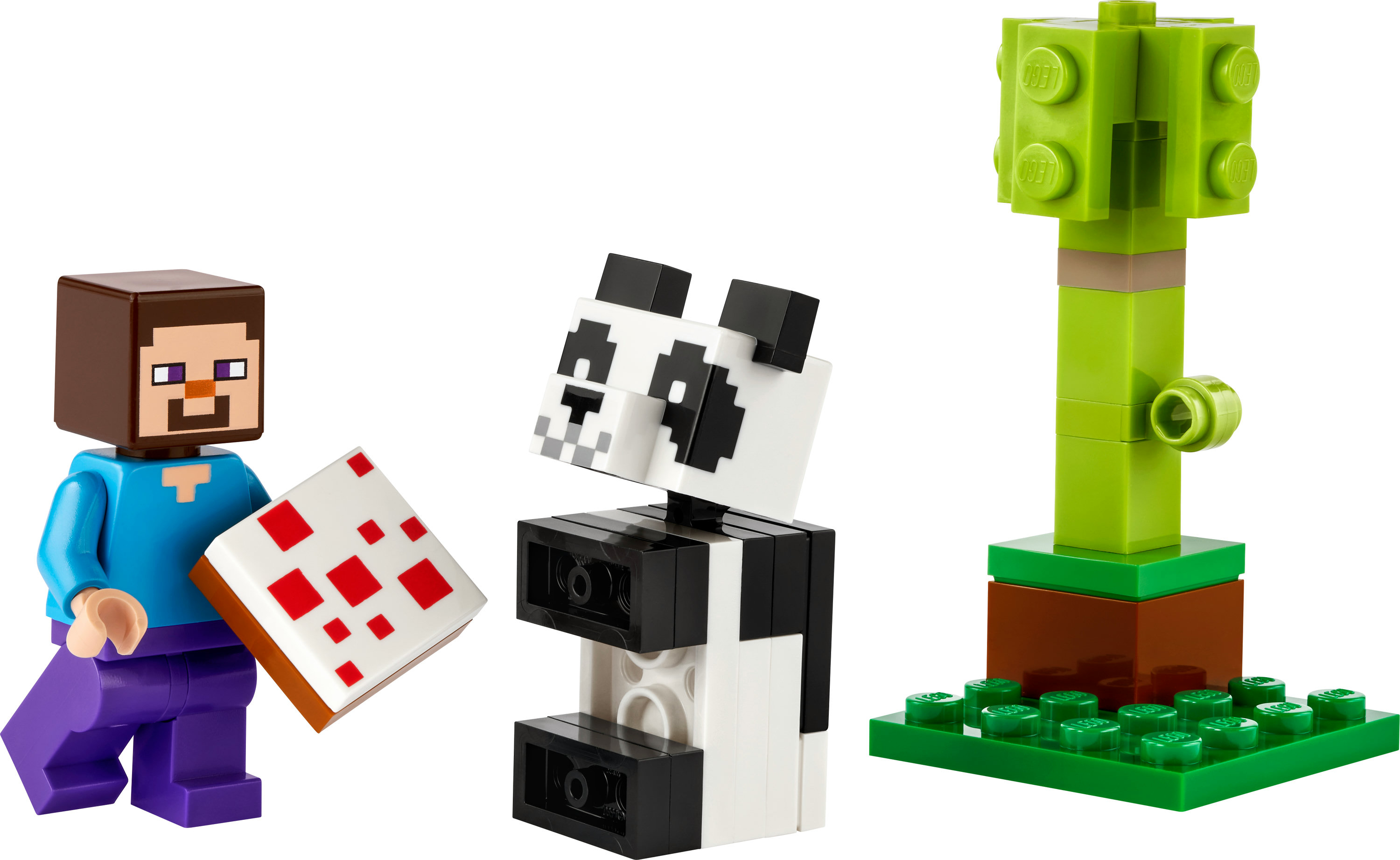 Personaggi Lego di Steve, un panda e un albero.