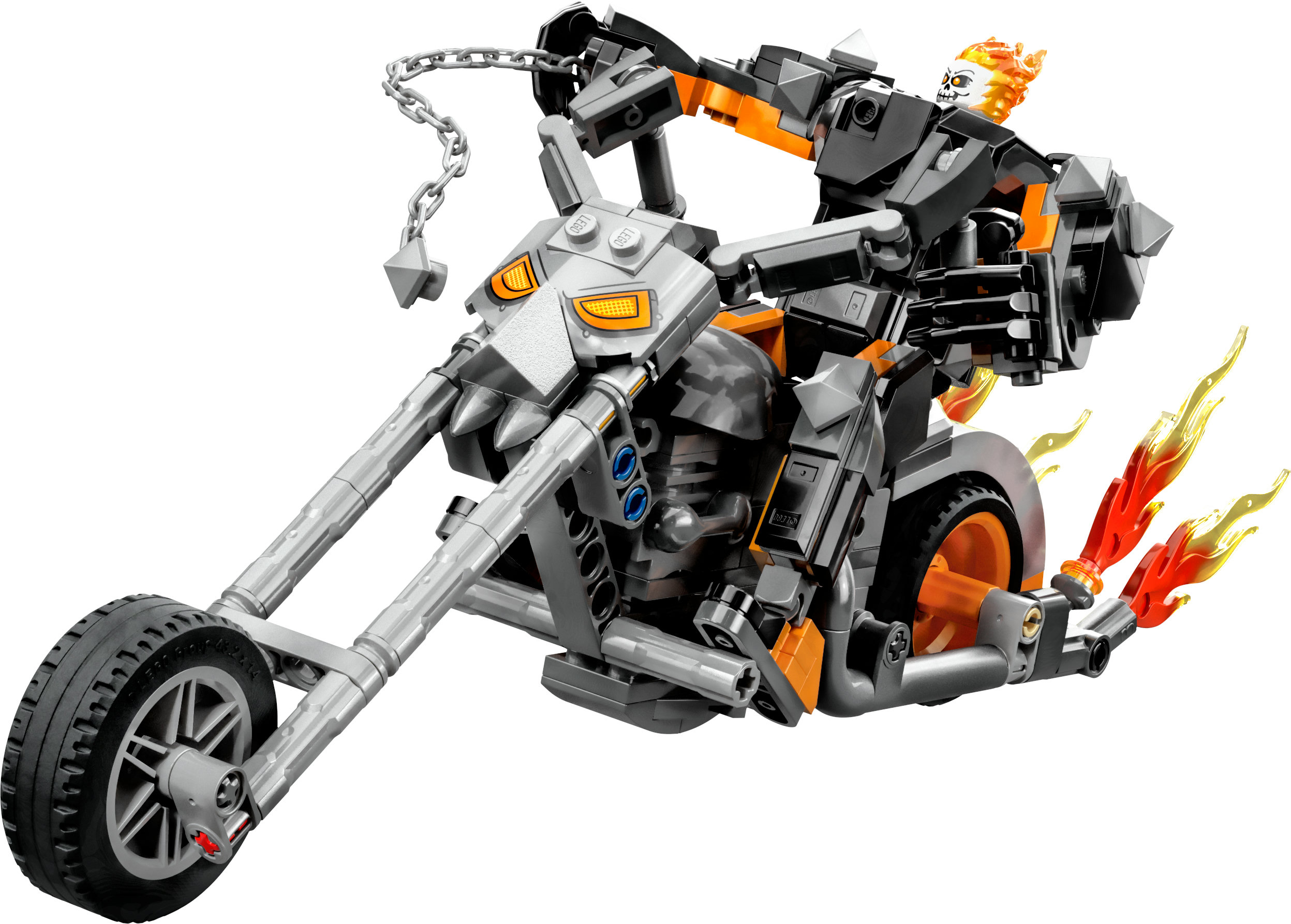 Lego set: Ghost Rider op motor met vlammen en schedel.