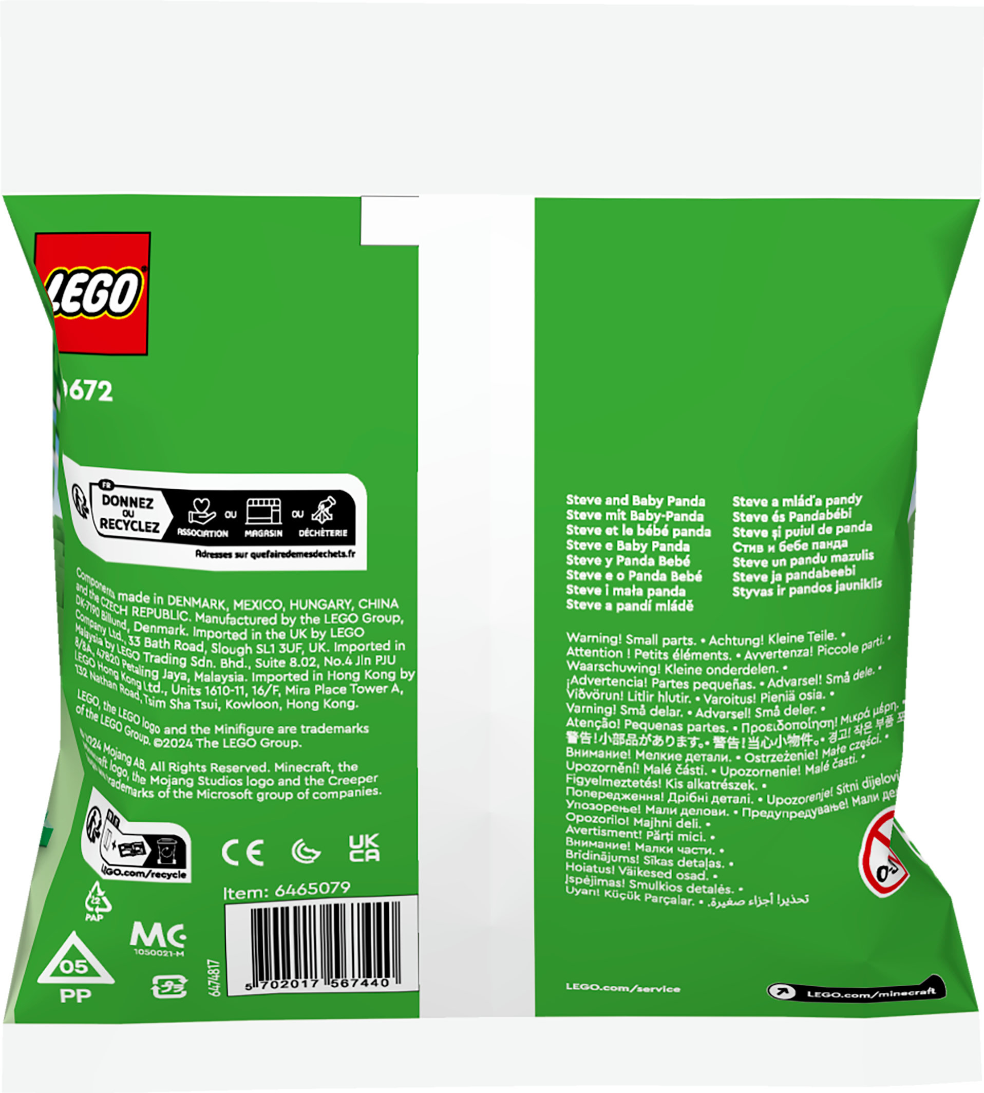 Una confezione di prodotti Lego con testo e immagini di mattoncini Lego e un panda, con informazioni sul riciclaggio.