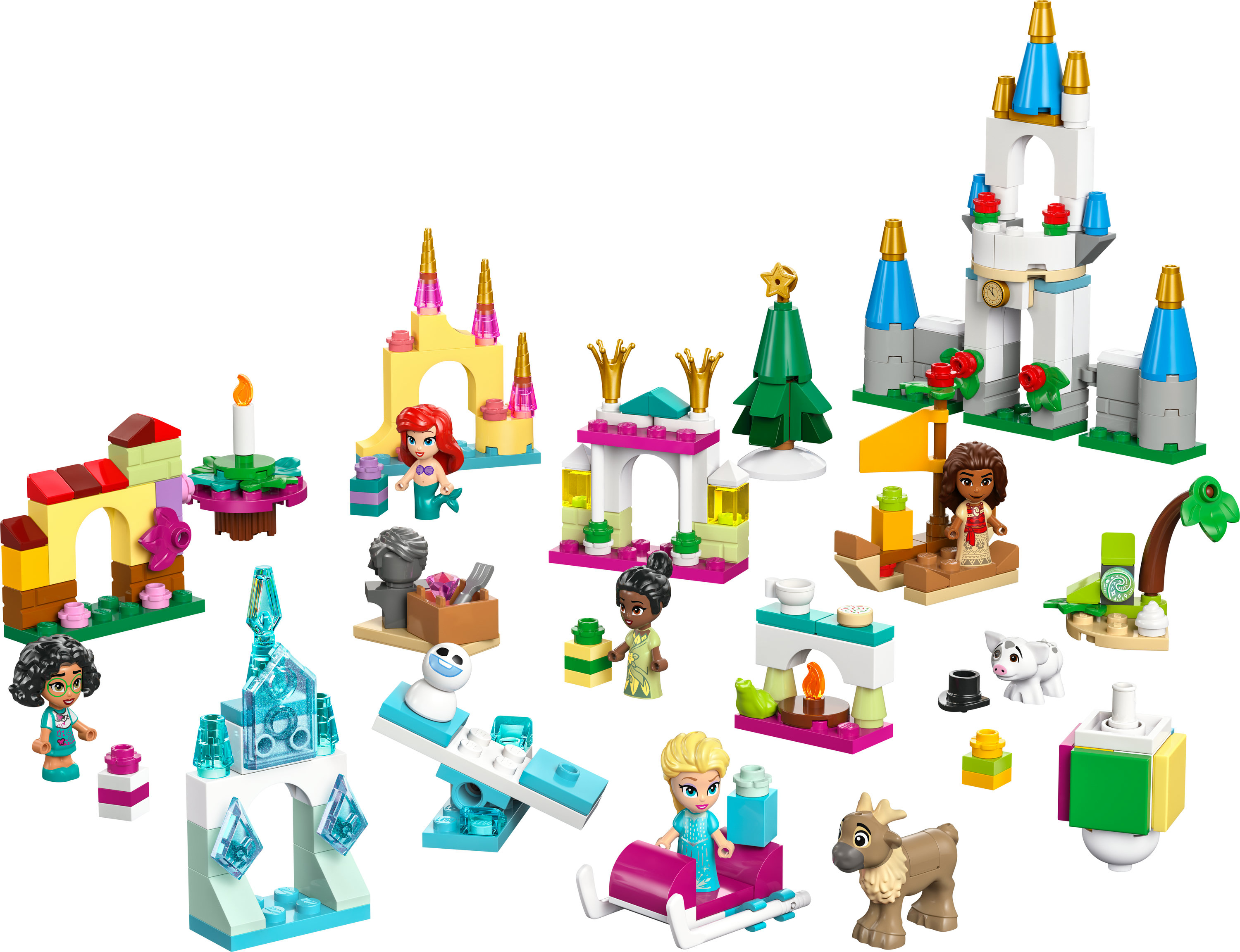 Set Lego Disney con varias figuras de personajes Disney y estructuras de construcción, disposición colorida.