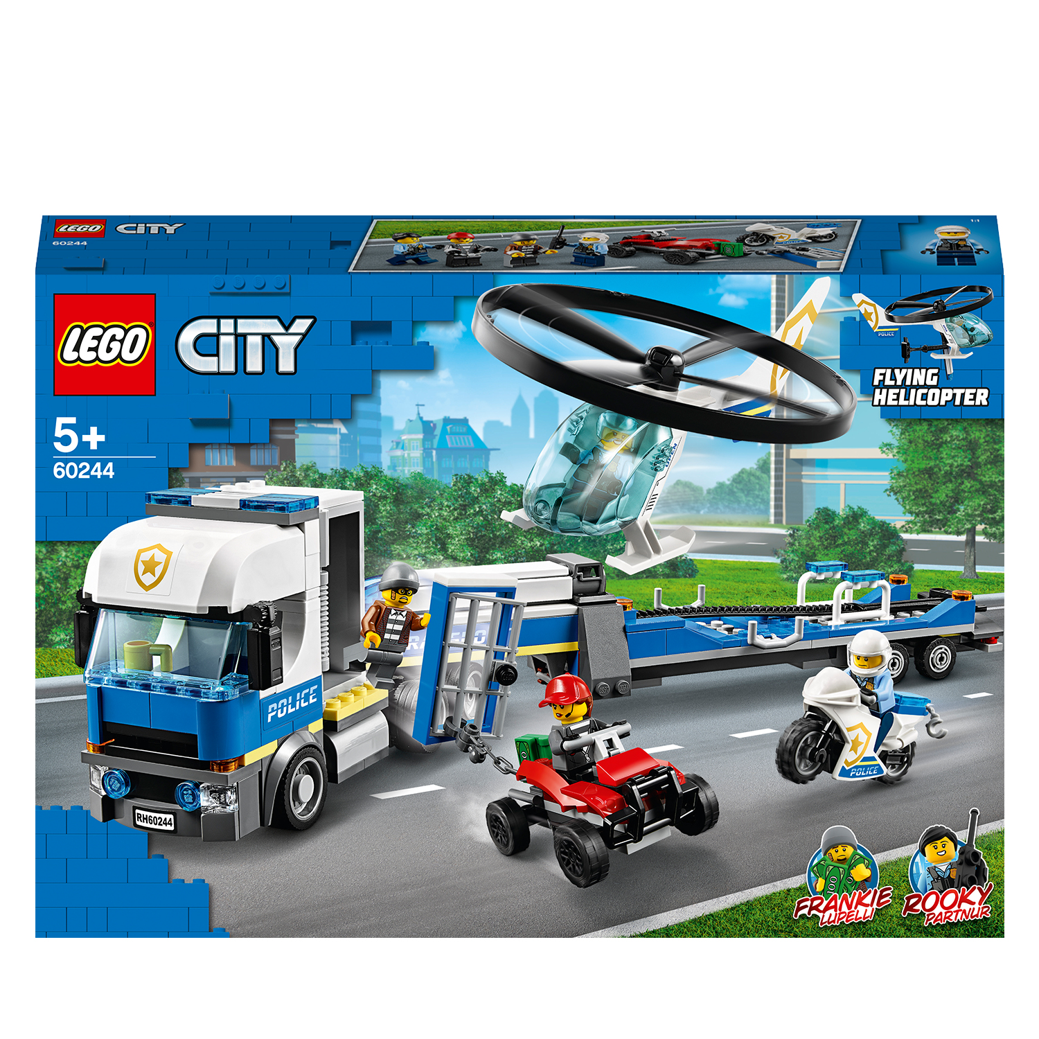 Set Lego City della polizia con camion, elicottero e moto. Include una scena di inseguimento.