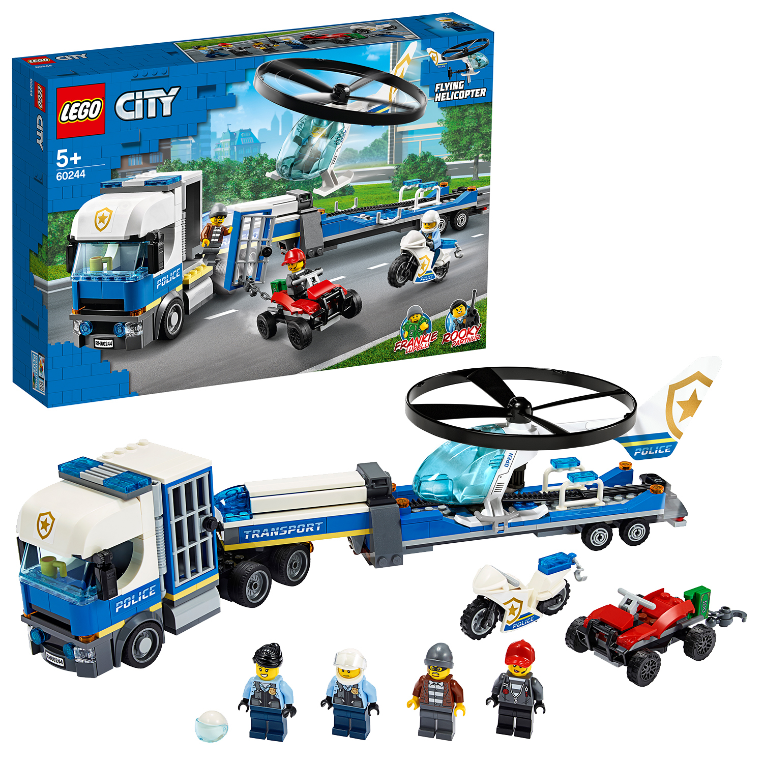 Camion della polizia LEGO City con un elicottero, una moto e diverse minifigure su sfondo bianco.