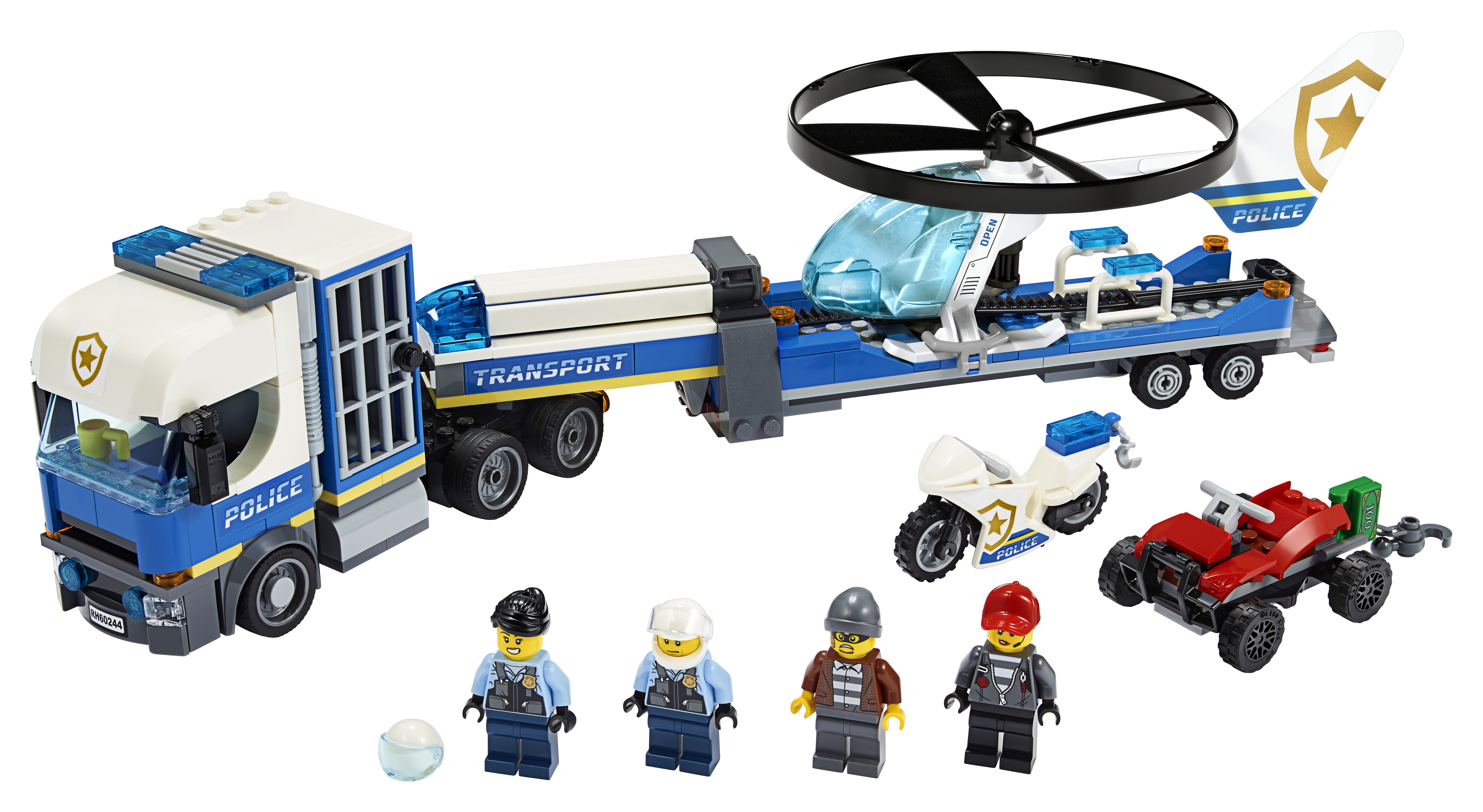 Camion della polizia Lego City con elicottero. Include minifigure, una moto e un'auto rossa.
