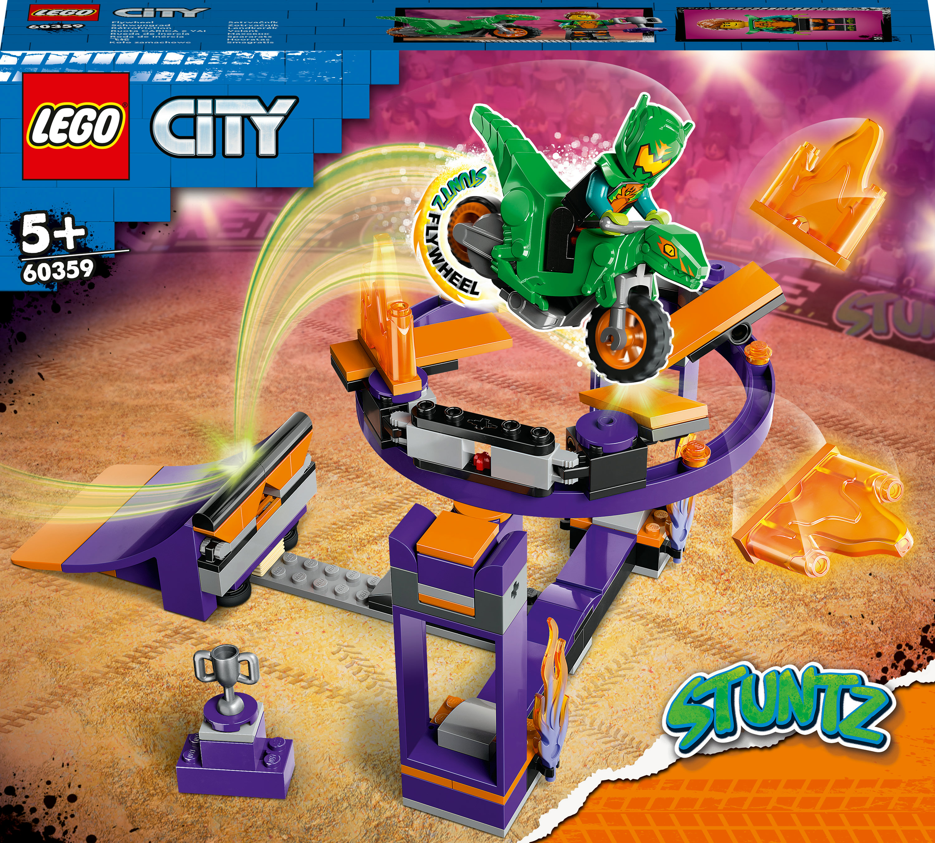 LEGO City Stuntz set met een stuntmotor op een baan met oranje vlammen en hellingen.