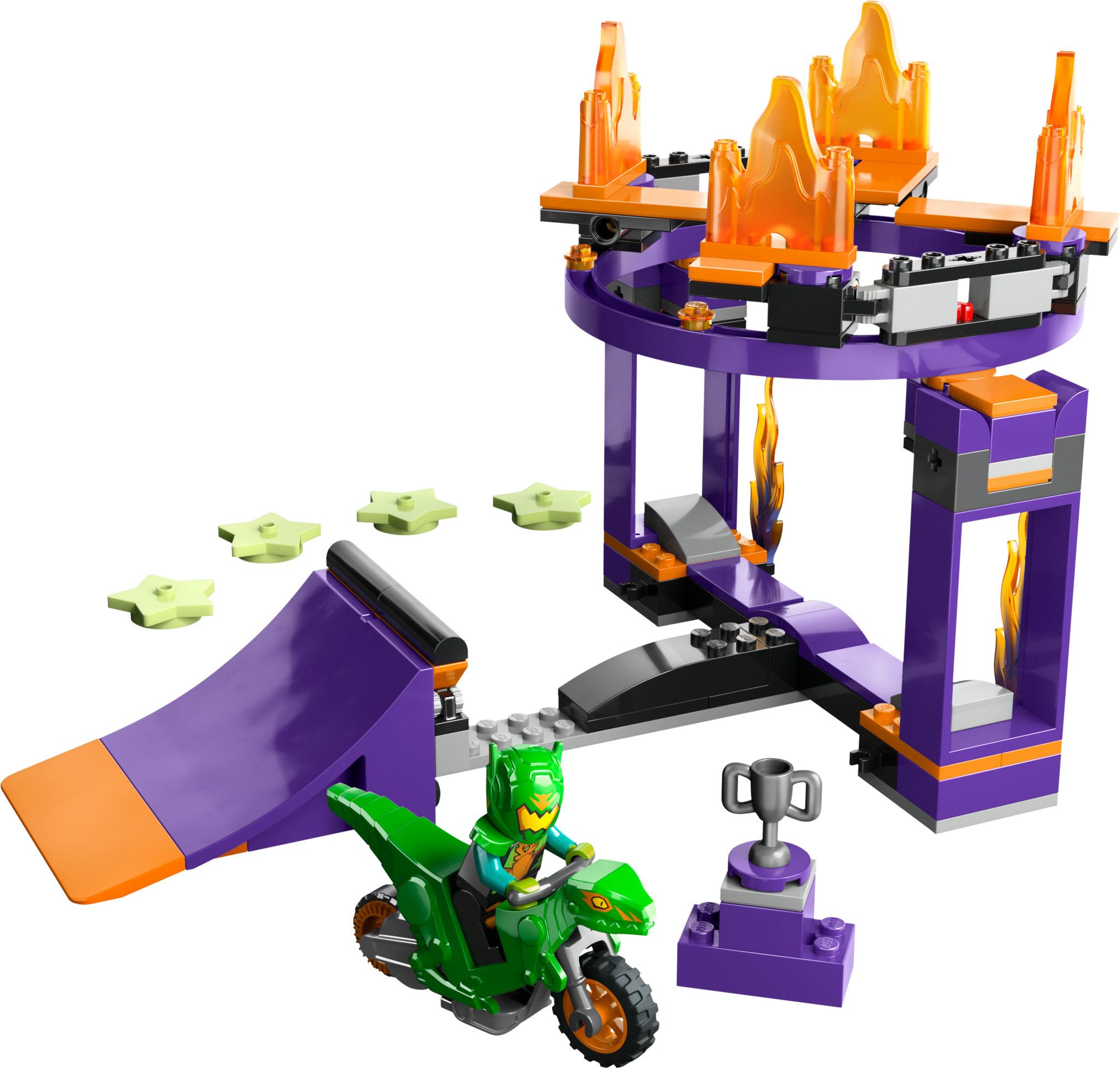 Lego-set met groene motor, helling, toren en vlammen. Er is een trofee en sterren.