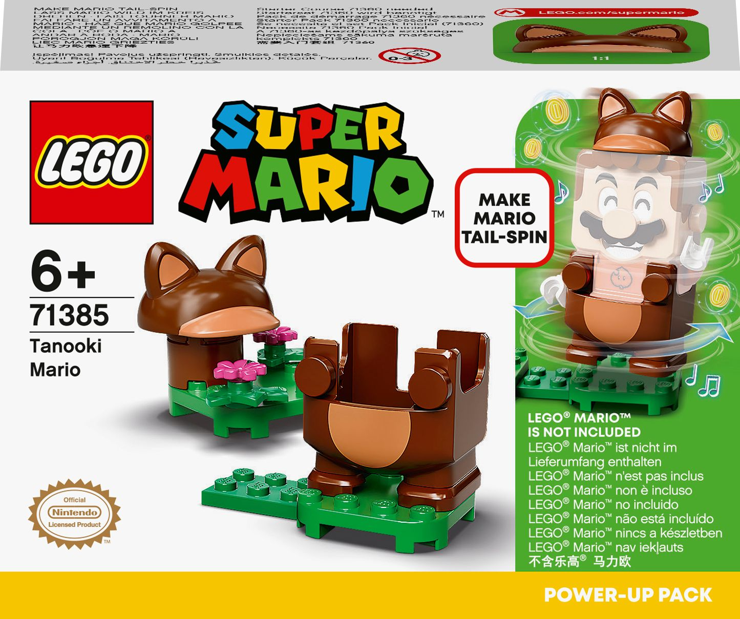 Eine Lego Super Mario Set-Box mit Tanooki Mario, mit einer baubaren Struktur und grünen Basiselementen.