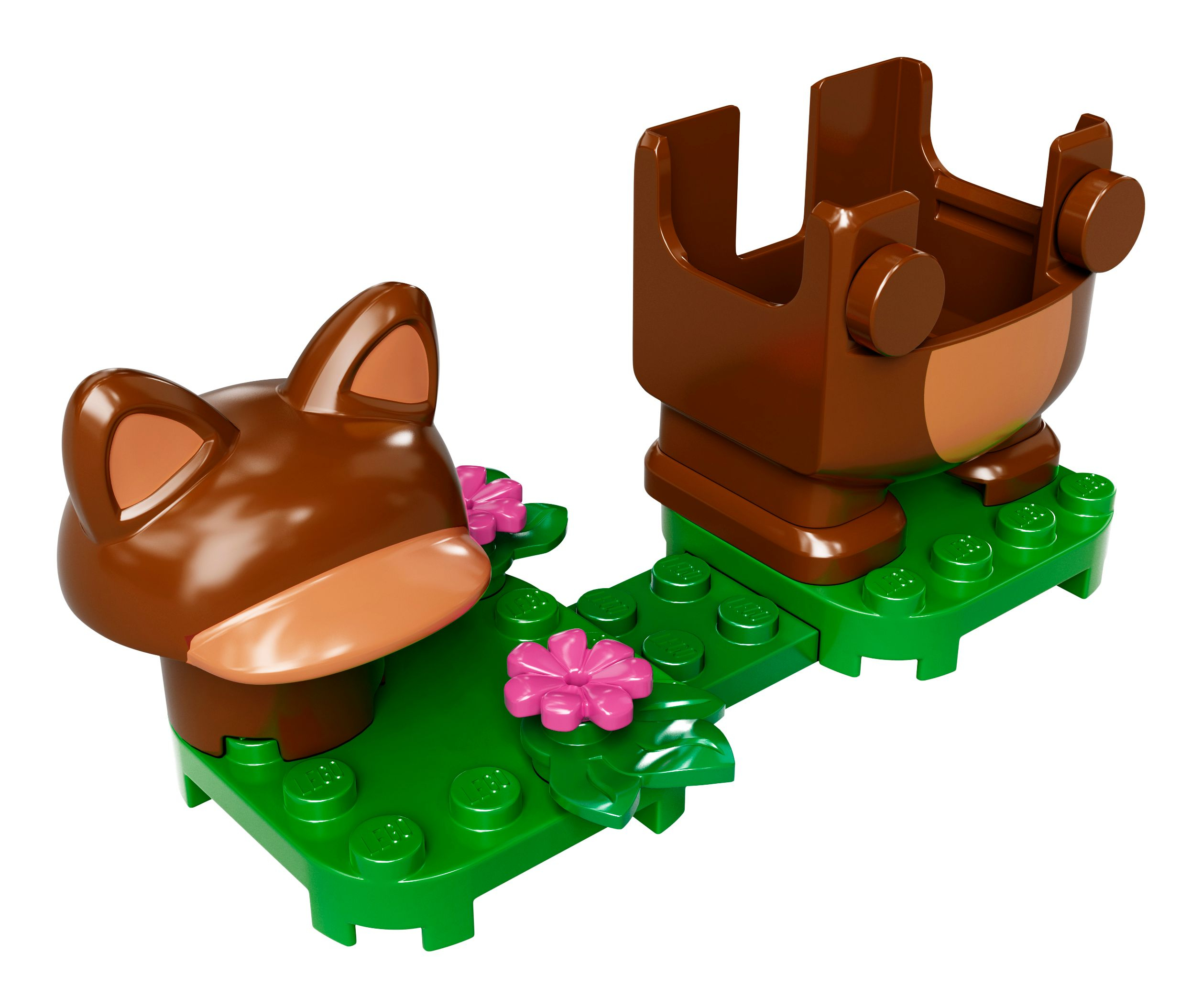 Eine Lego-Fuchsfigur und ein Sitz auf grüner Basis mit Blumen. Der Fuchs ist braun und niedlich.