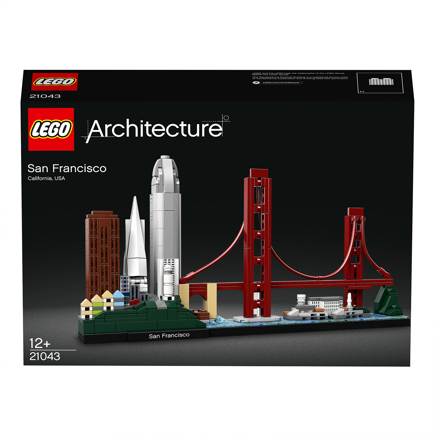 Zestaw Lego Architecture przedstawiający panoramę San Francisco z mostem Golden Gate i pudełkiem.