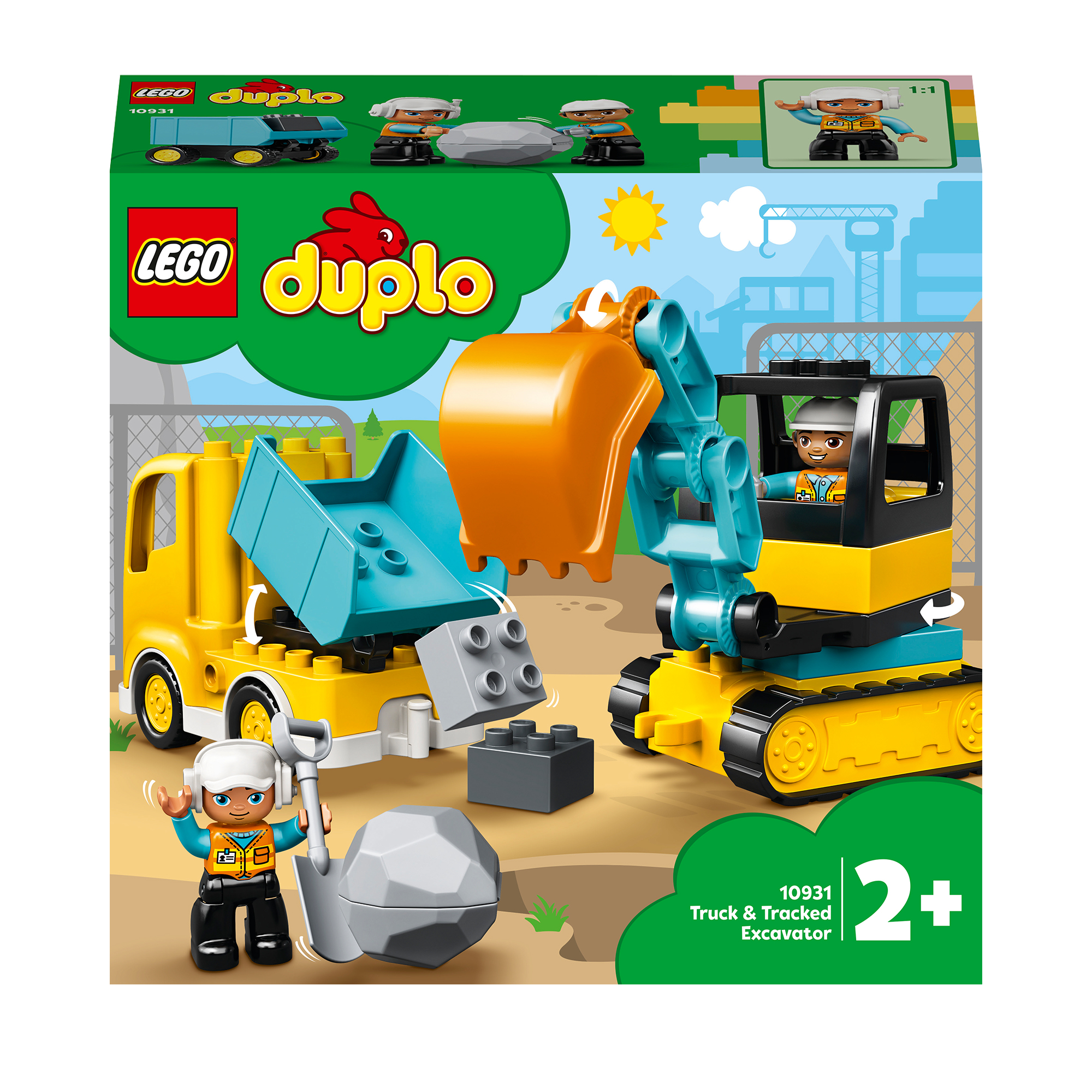 Lego Duplo vrachtwagen en graafmachine set met figuren en bouwstenen.
