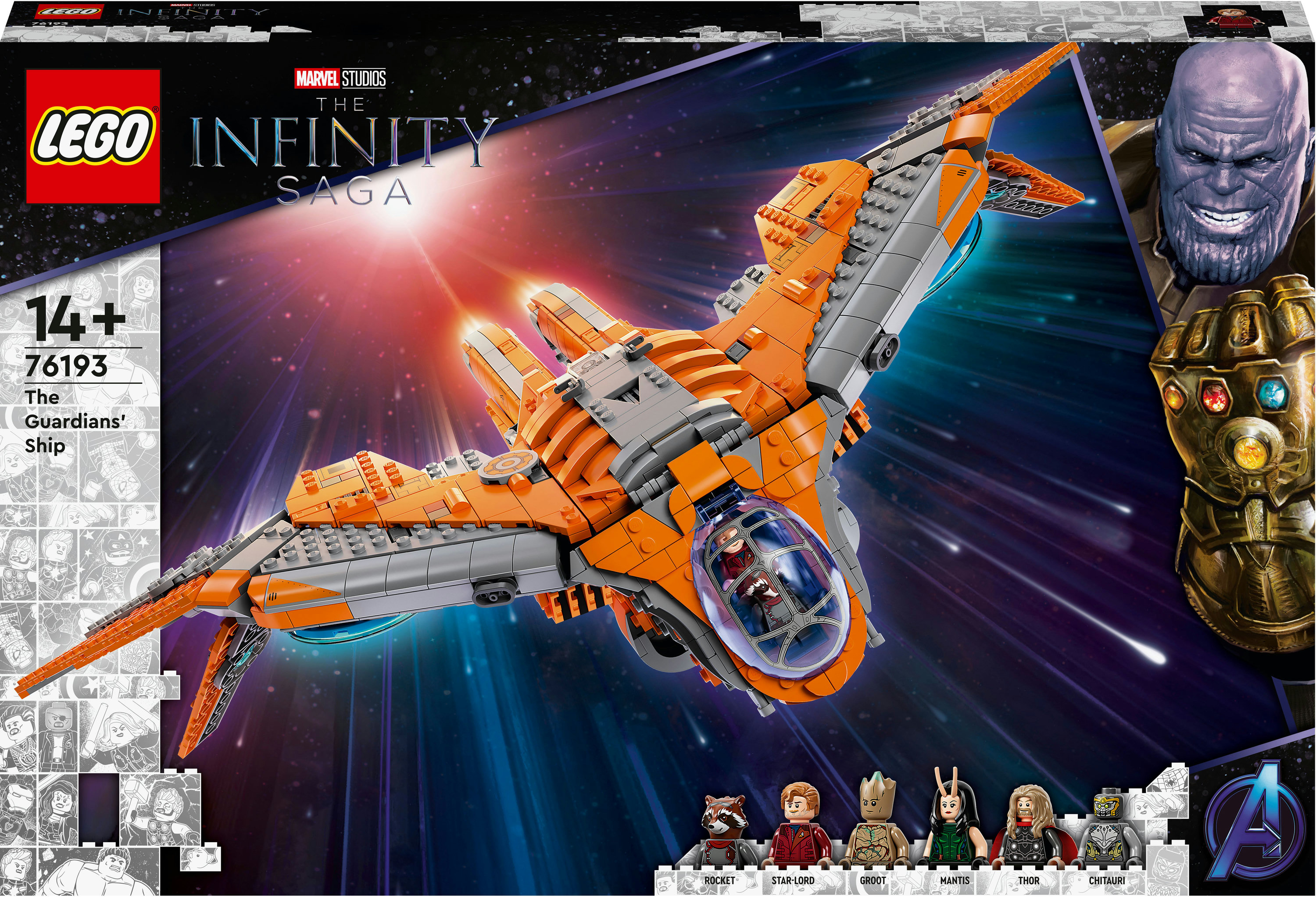 LEGO Set-Box des Guardians' Ship aus The Infinity Saga mit Thanos und Rocket.