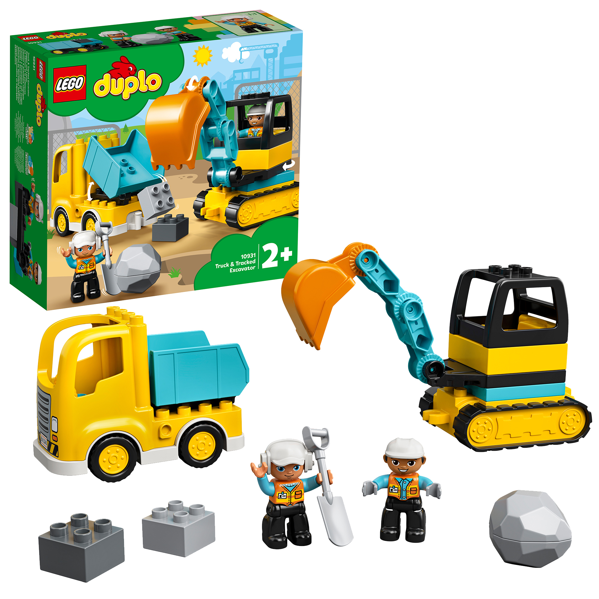Een Lego Duplo-set met een vrachtwagen, graafmachine en figuren, samen met bouwstenen.