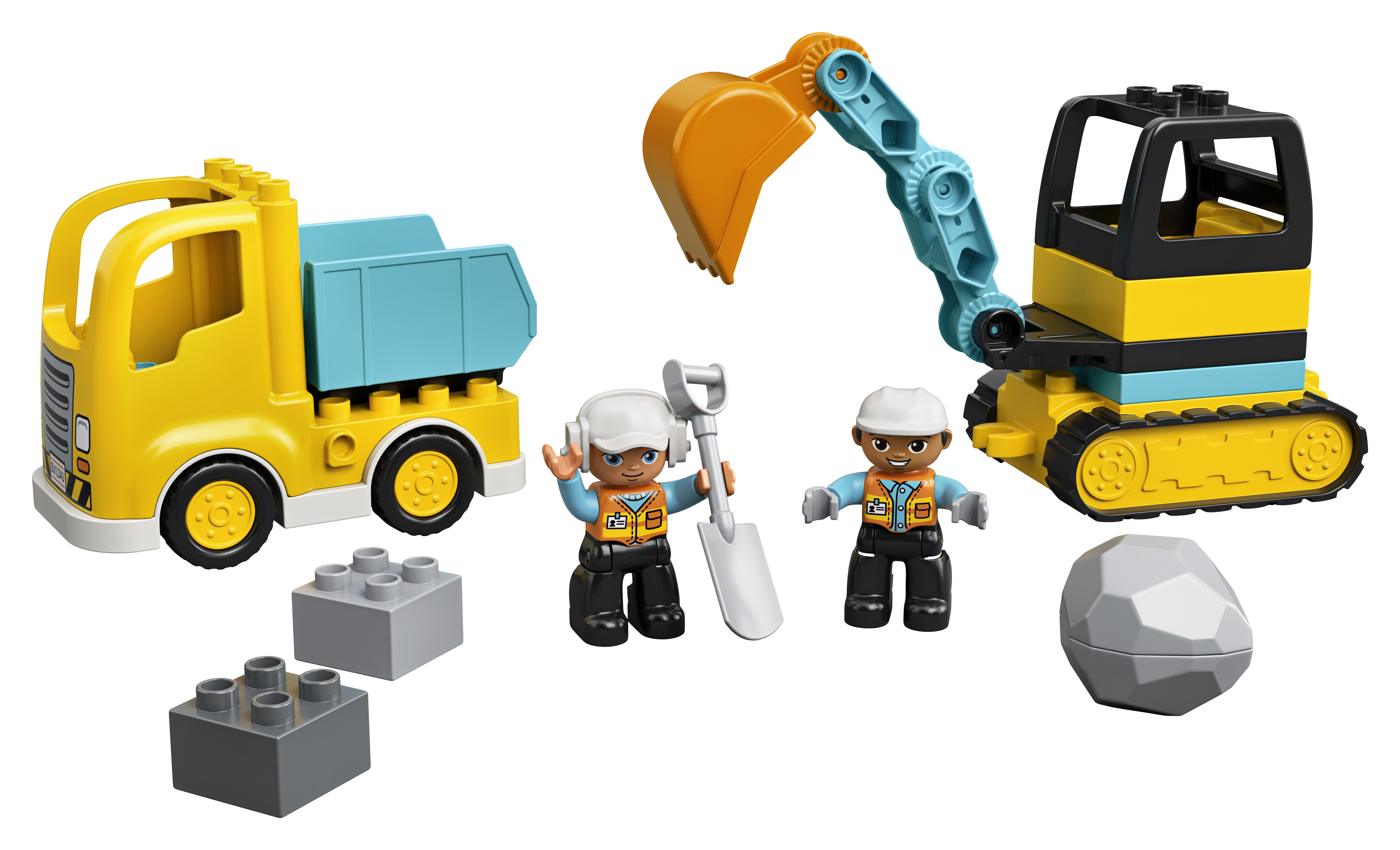 Een gele vrachtwagen en een Lego-set van een graafmachine. Twee bouwvakkersfiguren en grijze blokken zijn inbegrepen.