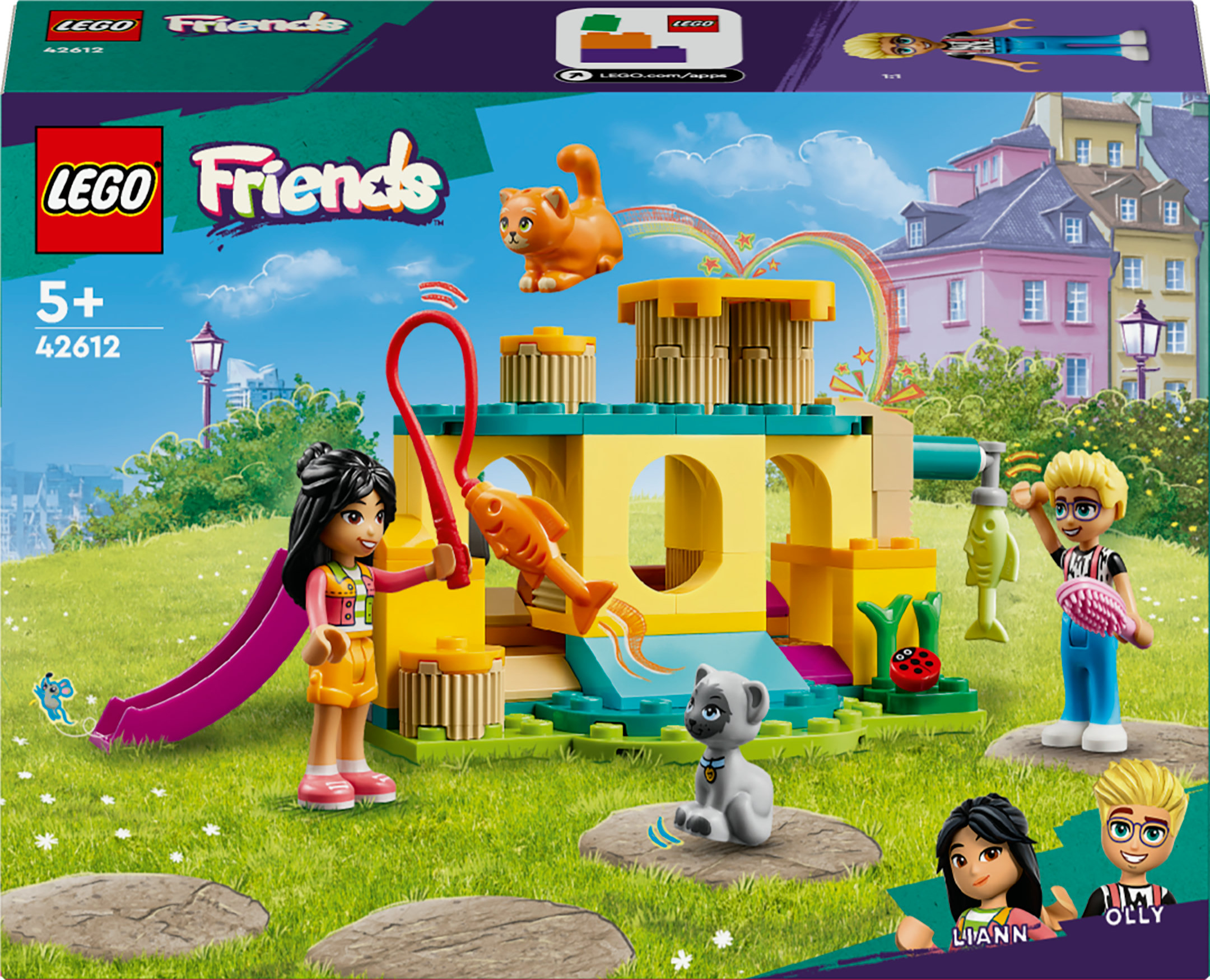 Lego Friends Set, das einen Spielplatz mit Figuren, einer Rutsche und einer Katze auf Rasen darstellt.
