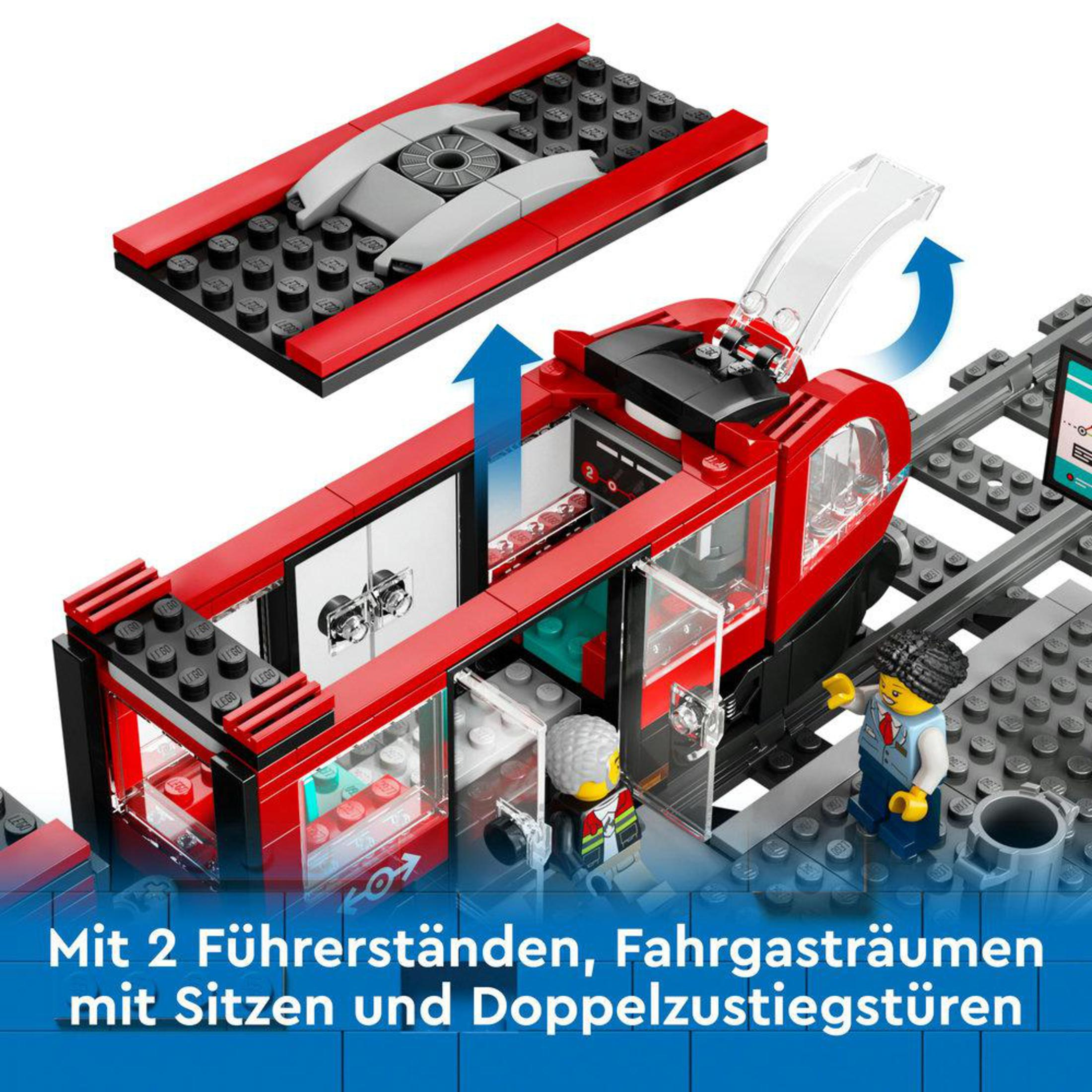 Pociąg Lego z czerwonym wagonem. Zawiera minifigurki i tor. Tekst: Mit 2 Führerständen...