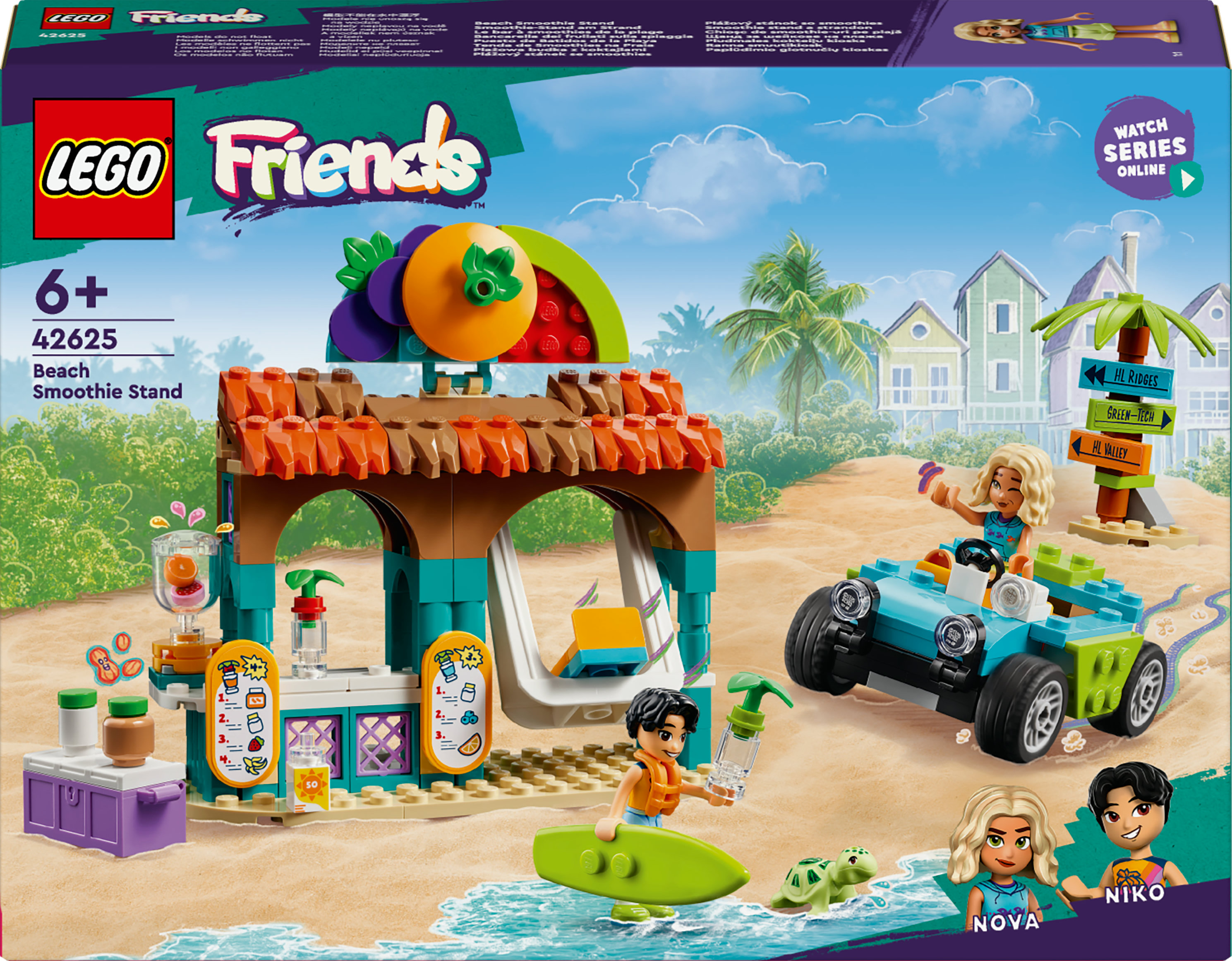 Zestaw Lego Friends Beach Smoothie Stand. Na pudełku stragan i samochód z minifigurkami.
