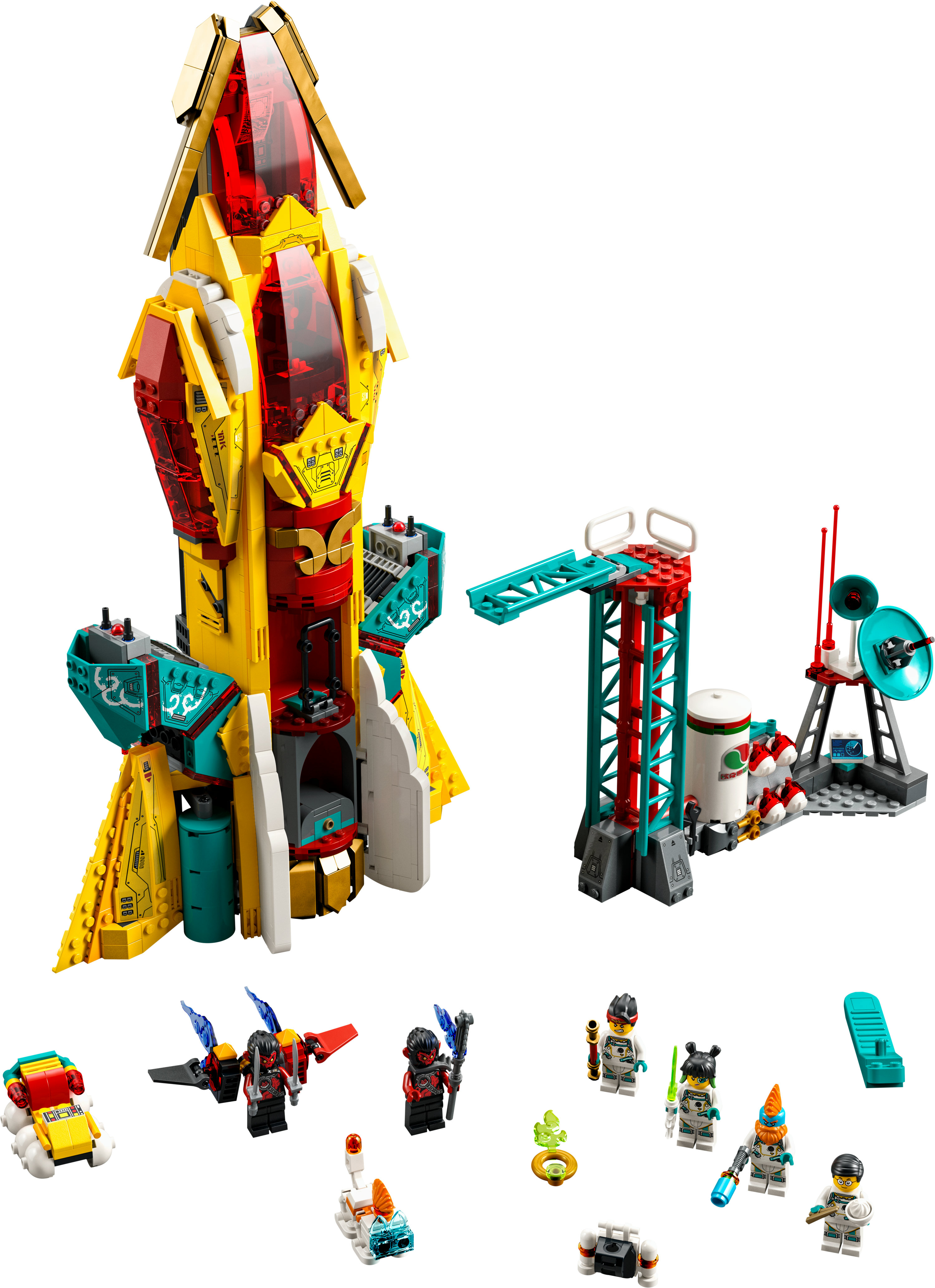Lego Ninjago seti, roket, üs istasyonu ve beyaz arka planda çeşitli minifigürler içerir.