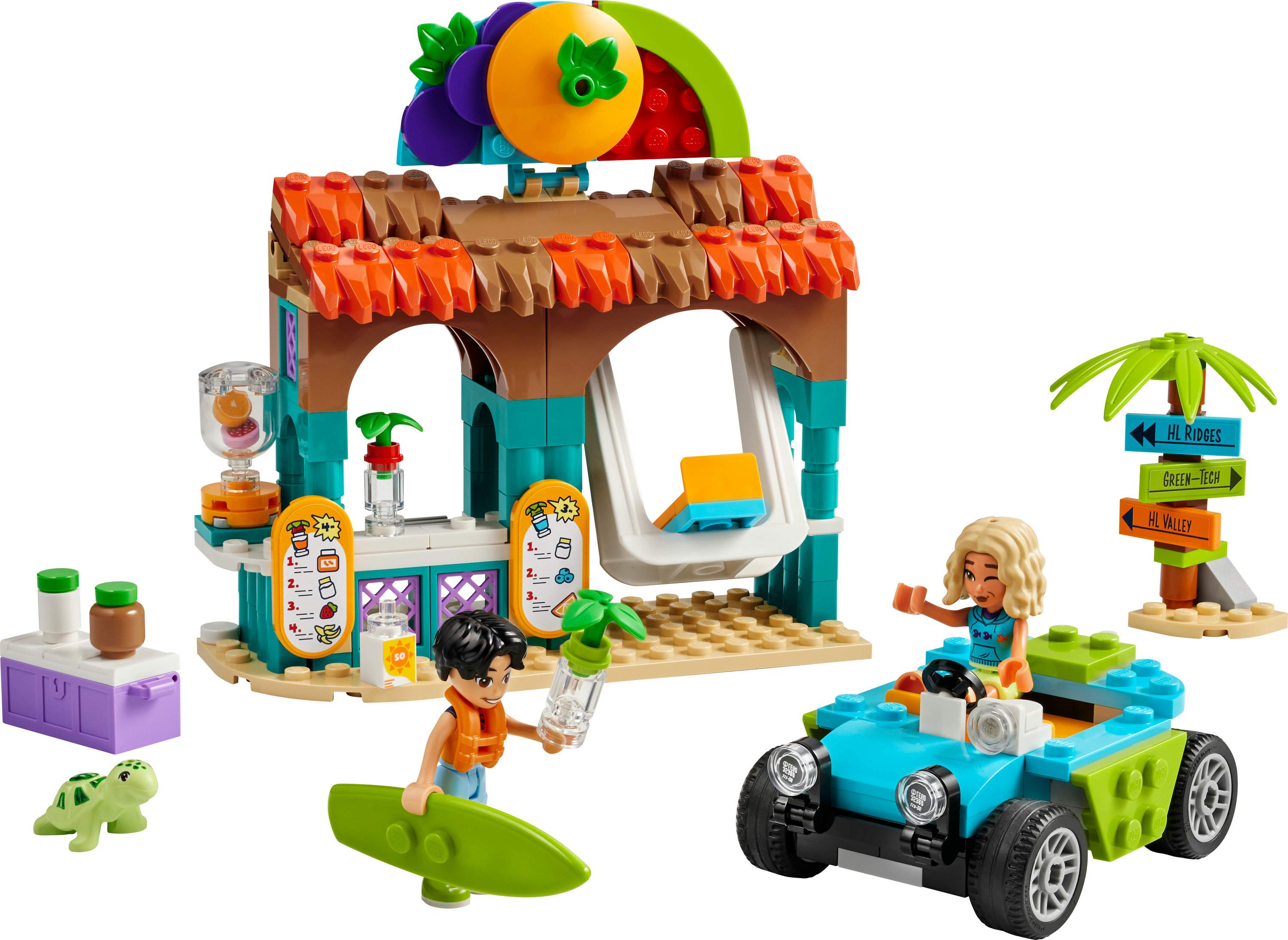 Zestaw Lego Friends z barem na plaży, samochodem i postaciami.