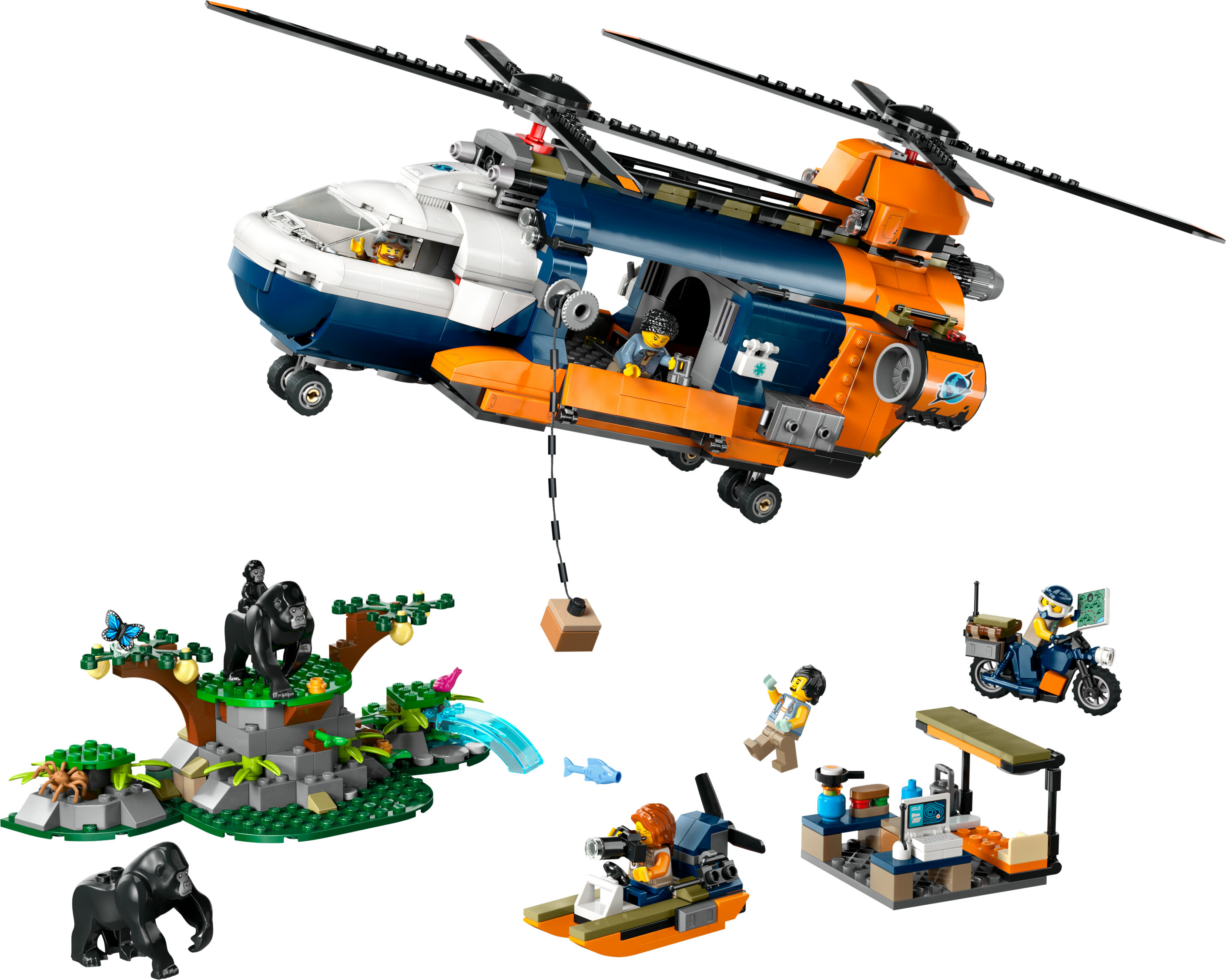 Zestaw Lego City helikopter. Zawiera duży helikopter i kilka innych mniejszych konstrukcji.