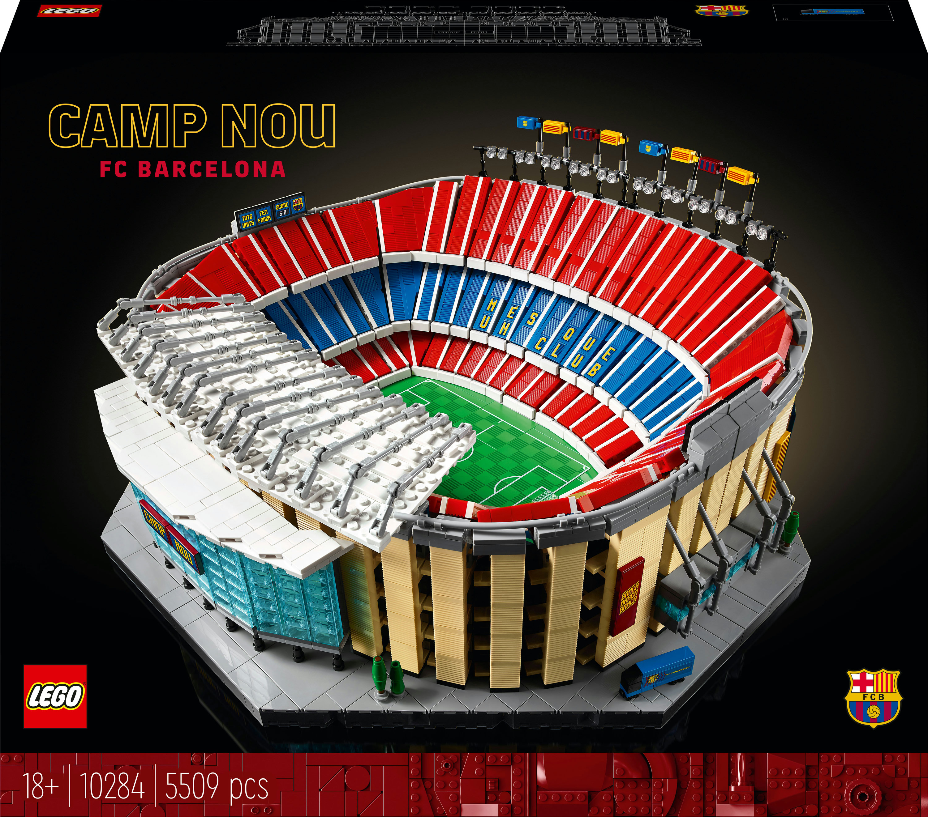 Pudełko zestawu Lego Camp Nou FC Barcelona z modelem stadionu, z logo Lego i logo FC Barcelona.