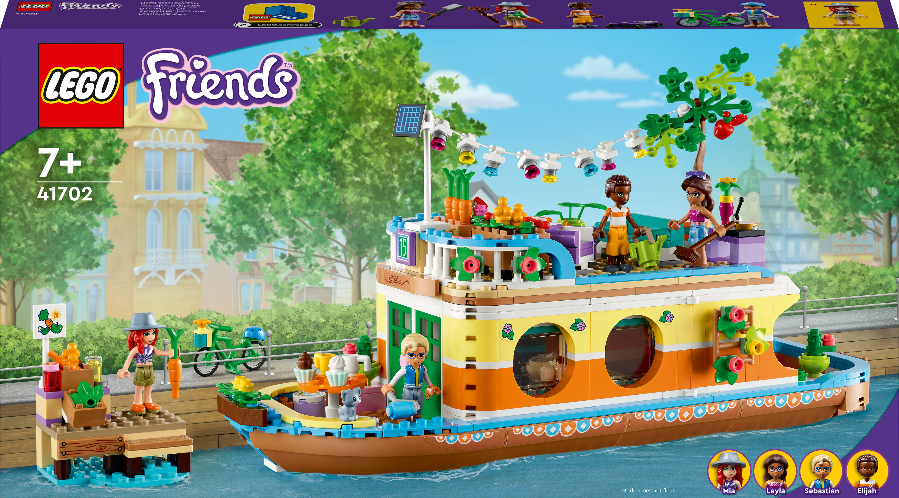 Lego Friends Set mit einem Boot, Figuren und einem Dock mit Pflanzen.