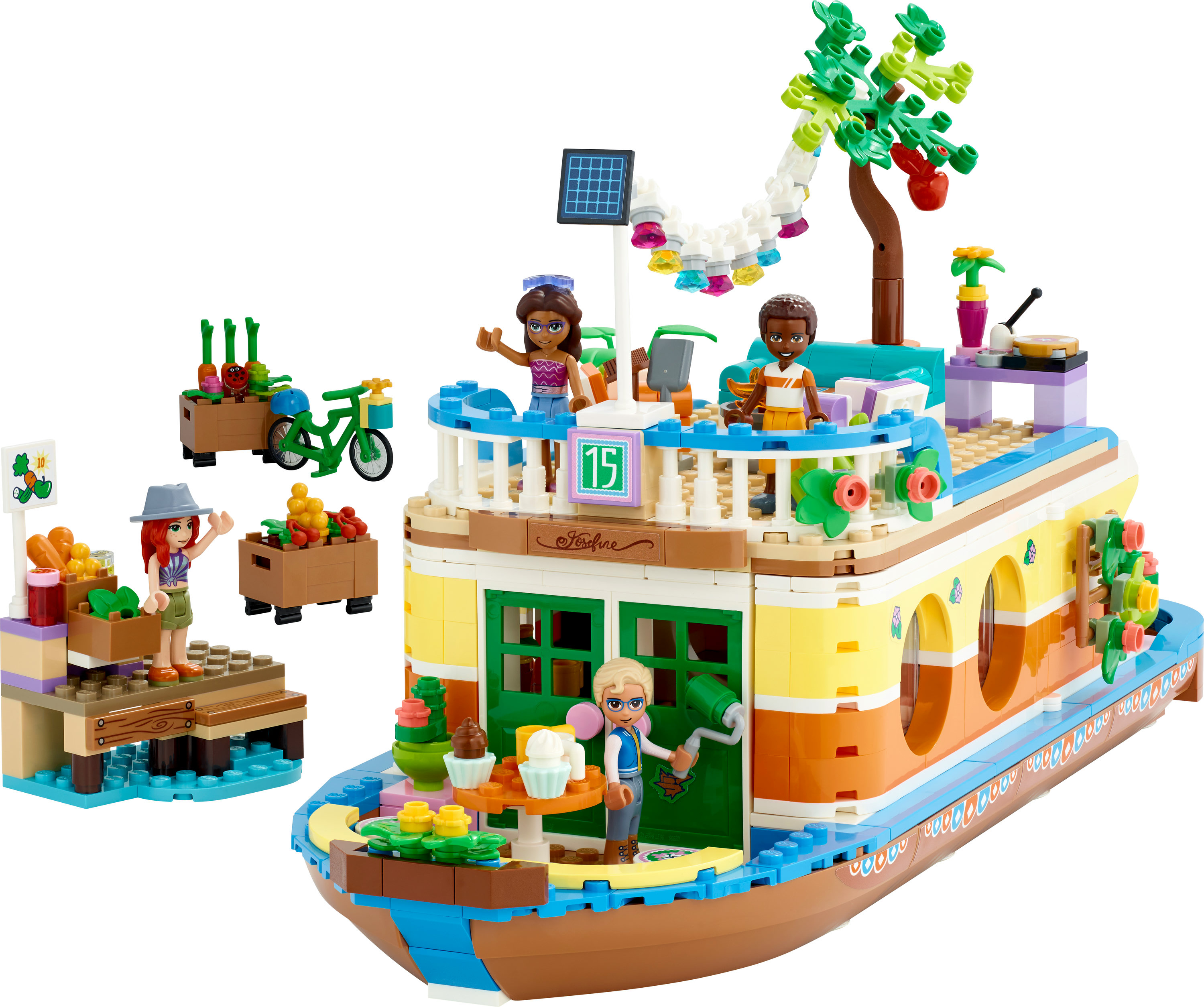 Lego Friends Boot-Set mit Minifiguren und Markt an einem sonnigen Tag.