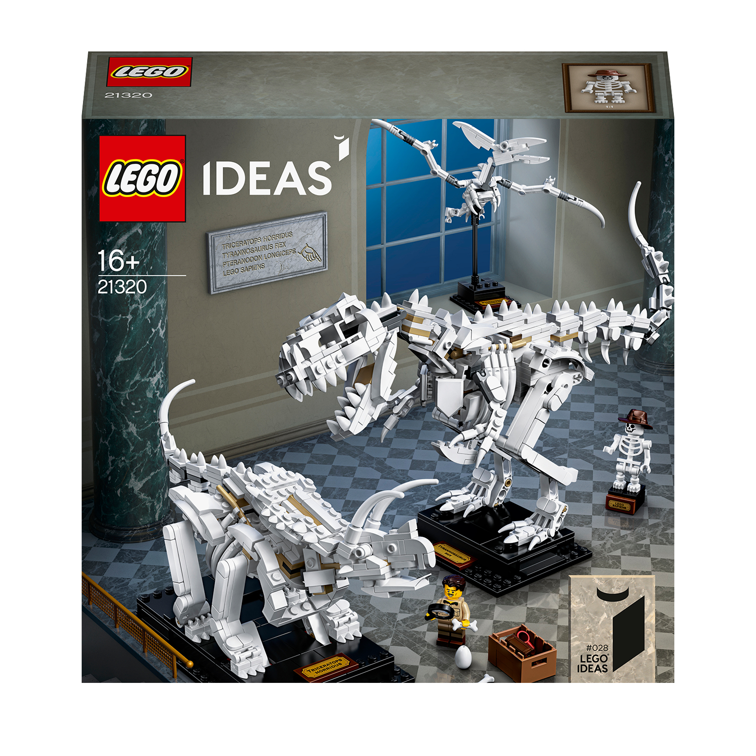 Zestaw Lego Ideas z białymi szkieletami dinozaurów i ustawieniem muzeum.