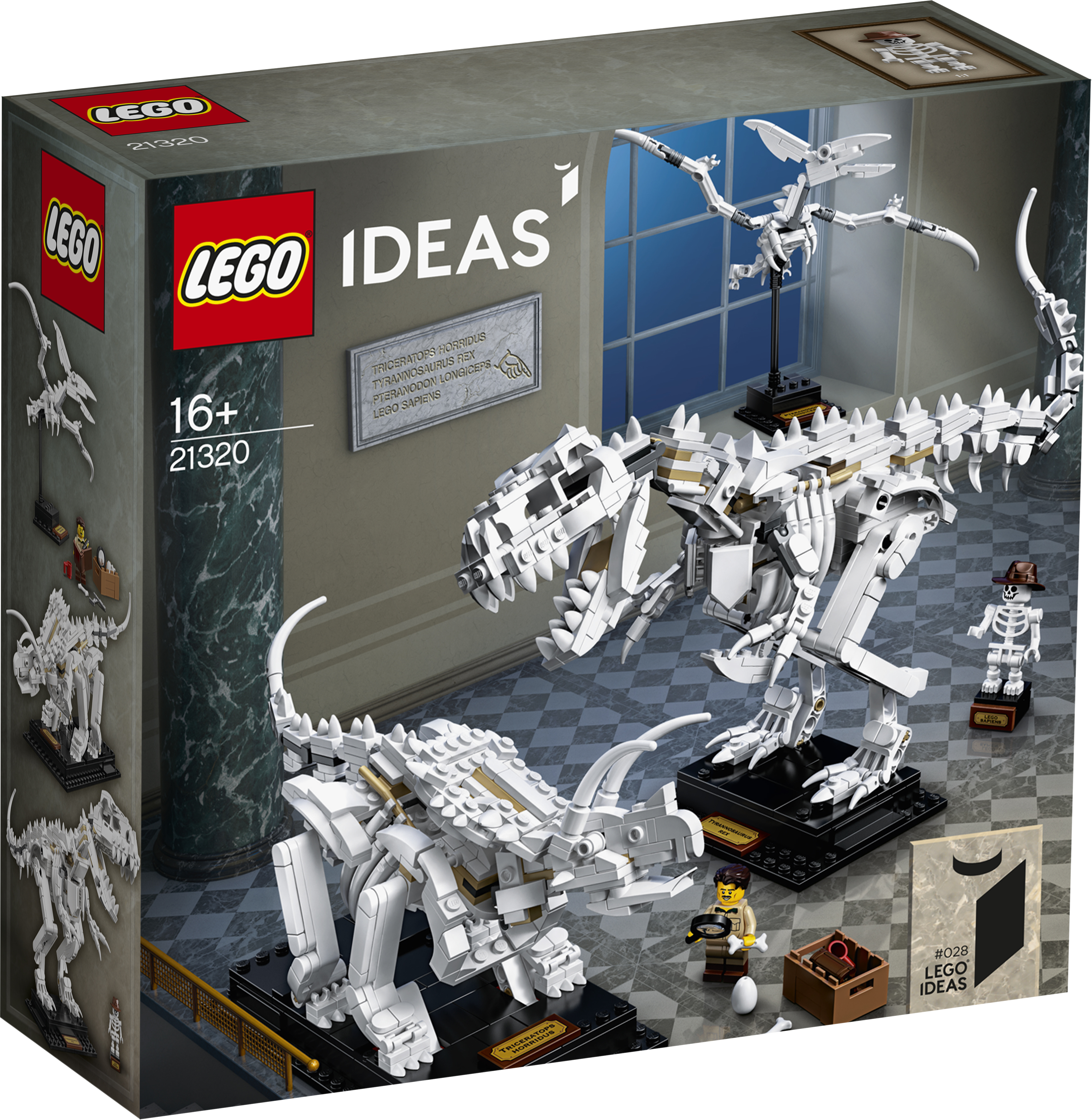 Zestaw LEGO Ideas z szkieletami dinozaurów. Są trzy szkielety i dwie minifigurki.