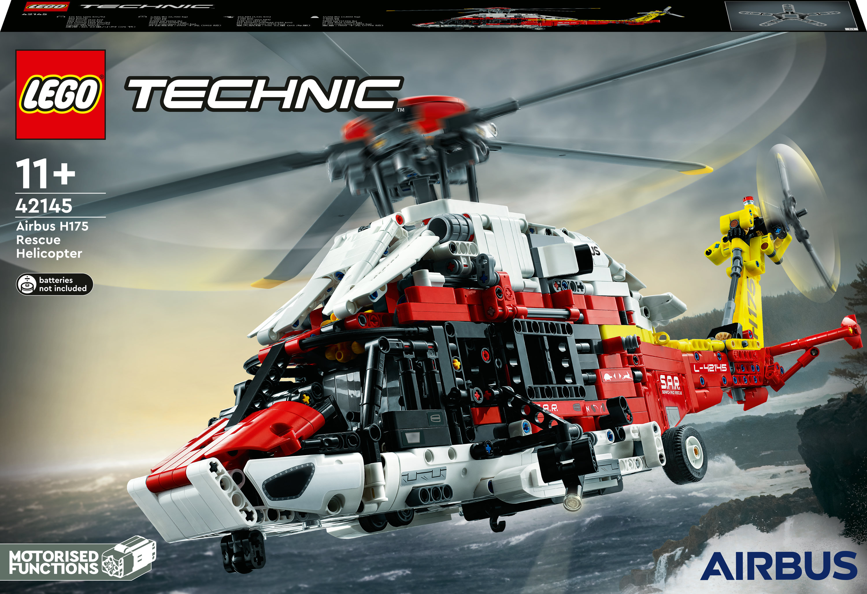 Model Lego Technic Airbus H175 Rescue Helicopter. Kolory czerwony, biały i czarny. Pokazano funkcje zmotoryzowane.