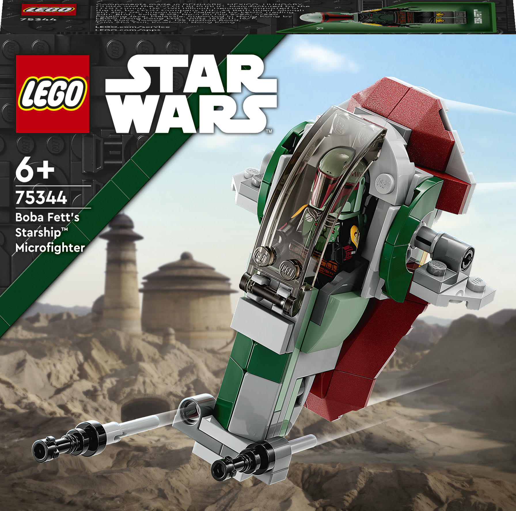 Set LEGO Star Wars con la Nave Estelar de Boba Fett. El set se muestra sobre un fondo desértico.